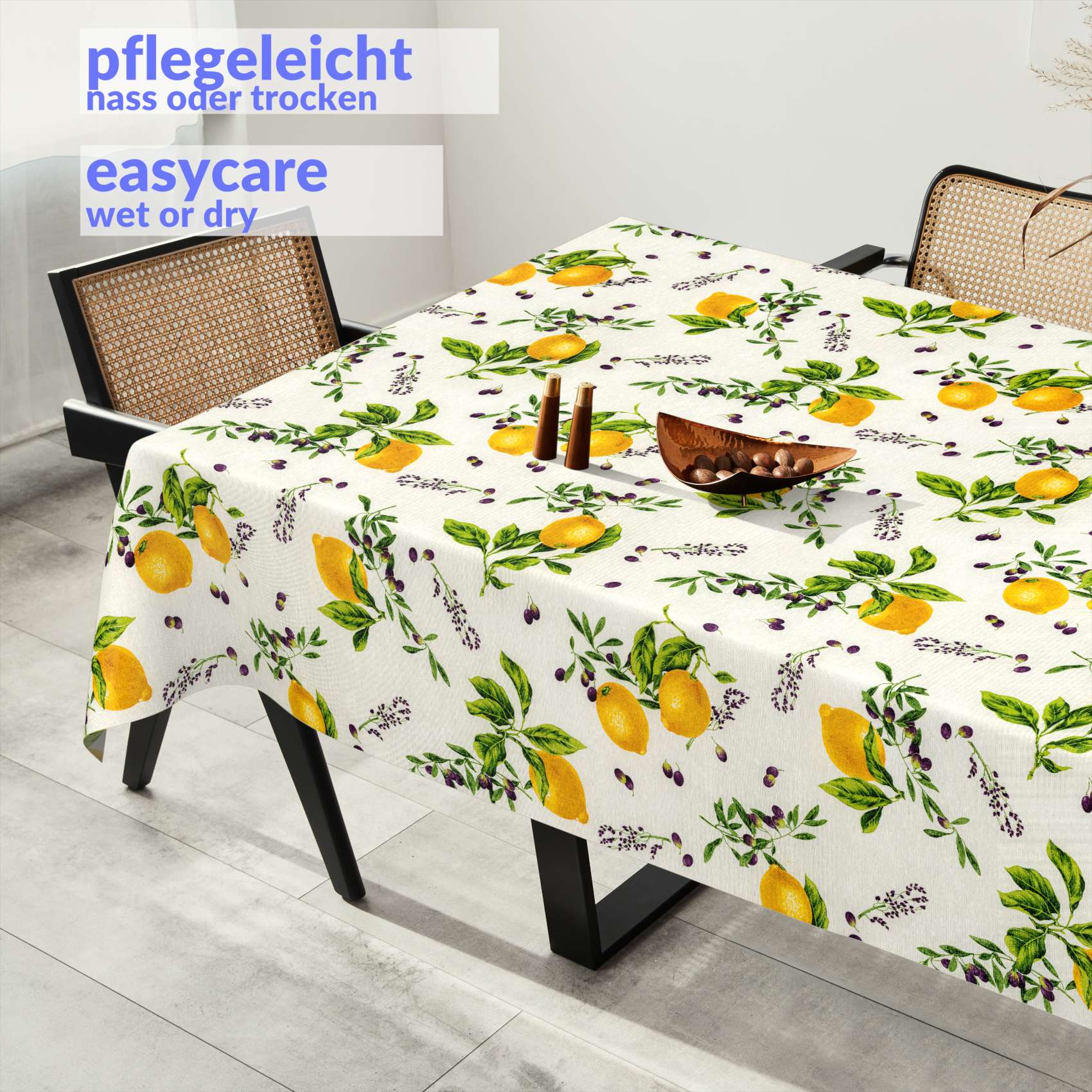 MRT68774_SQ_91 Tischdecke aus Stoff Textil Tischwäsche abwaschbar Tischtuch Baumwolle Polyester Lemon In-/Outdoor Tischdecke – 90x130cm, Schnittkante