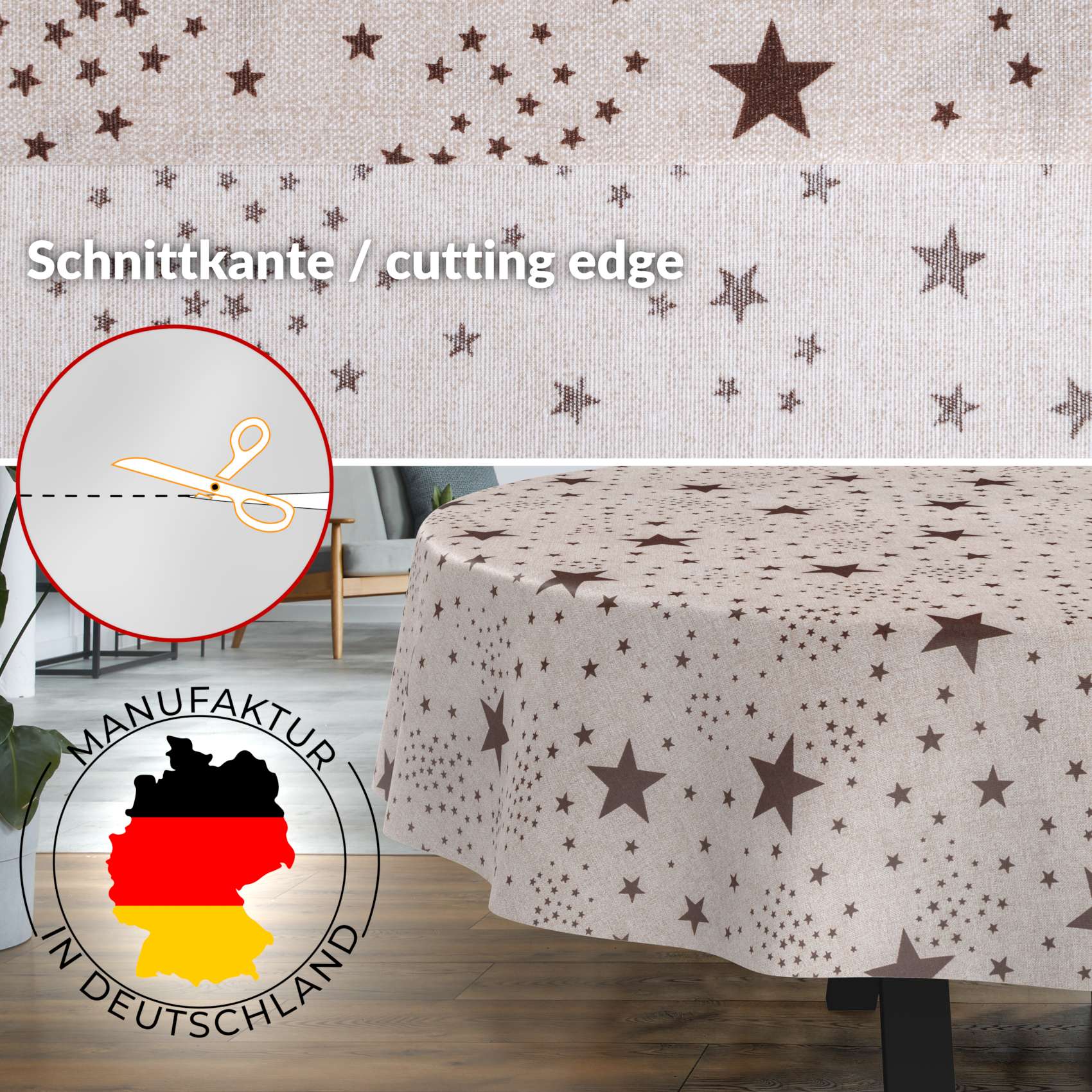 Weihnachtstischdecke Textil Tischdecke Tischwäsche abwaschbar Tischtuch Baumwolle Polyester Christmas Stars – Oval 160x140cm, Schnittkante