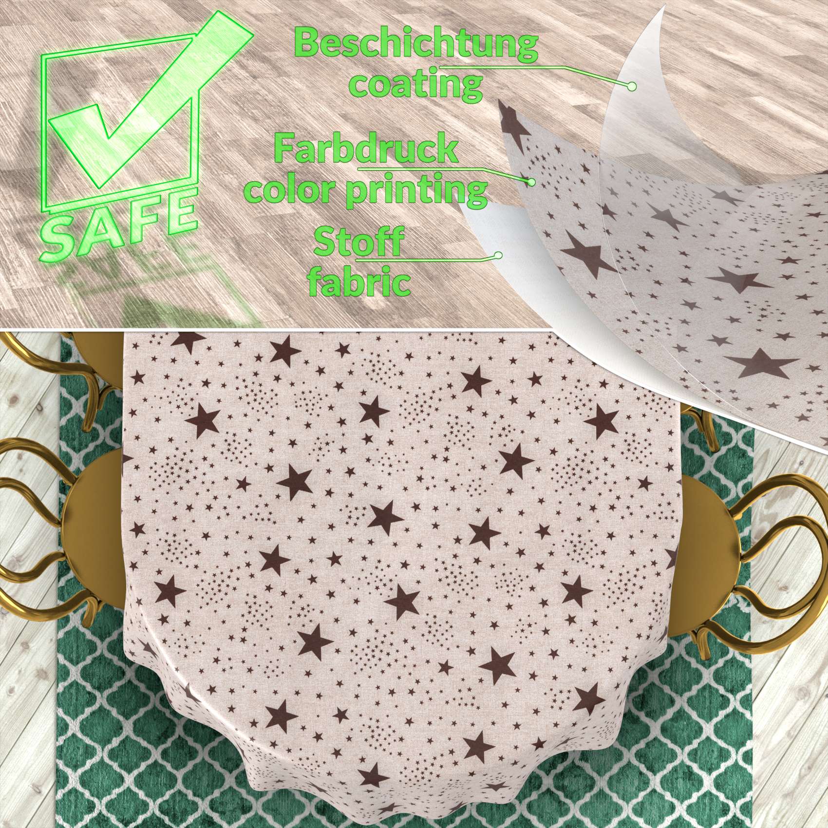 Weihnachtstischdecke Textil Tischdecke Tischwäsche abwaschbar Tischtuch Baumwolle Polyester Christmas Stars – Oval 200x140cm, Schnittkante