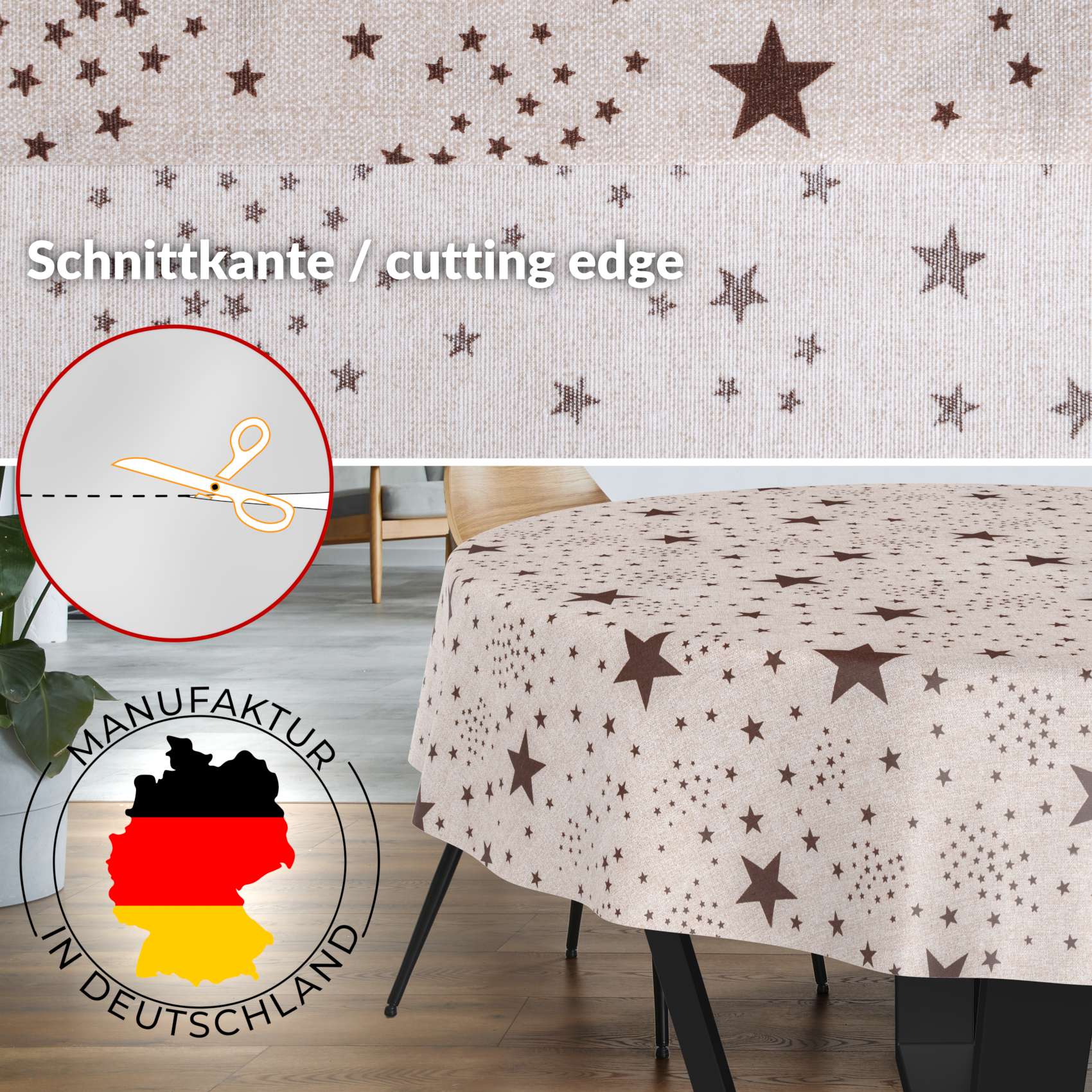 Weihnachtstischdecke Textil Tischdecke Tischwäsche abwaschbar Tischtuch Baumwolle Polyester Christmas Stars – Rund 100cm, Schnittkante