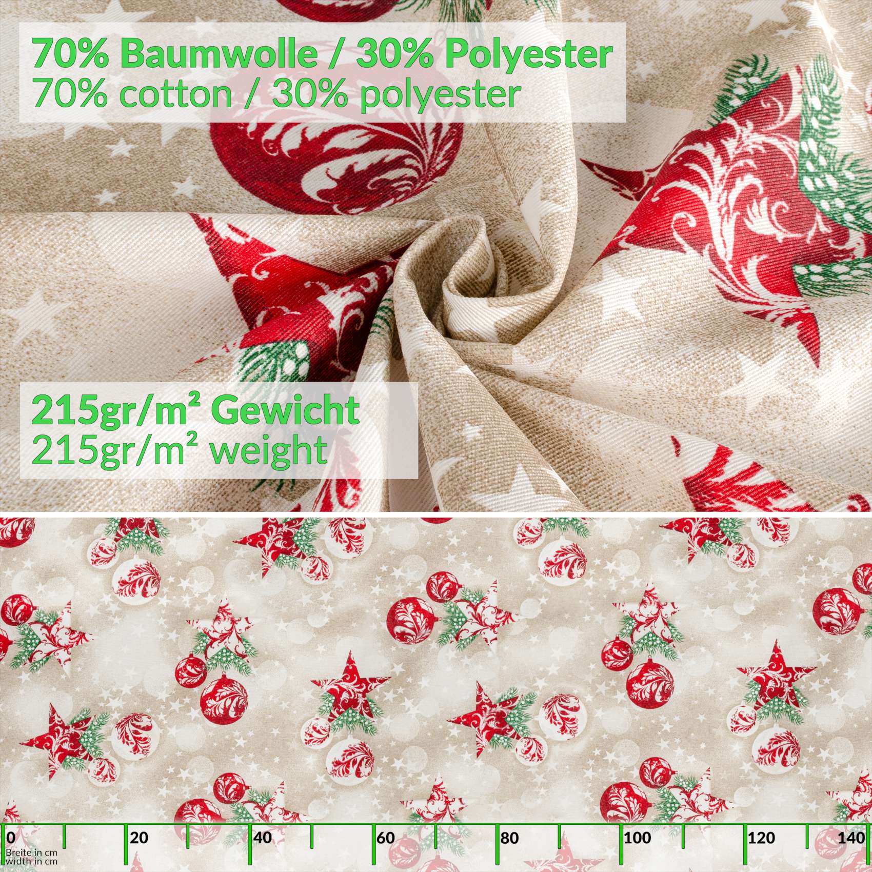 MRT68848_20-7 Weihnachtstischdecke Textil Tischdecke Tischwäsche abwaschbar Tischtuch Baumwolle Polyester Stern Kugel Rot Beige – 140x140cm, Schnittkante