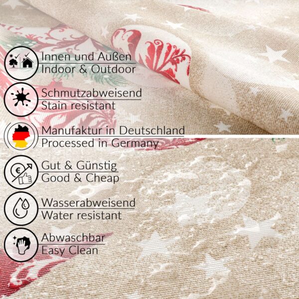 Weihnachtstischdecke Textil Tischdecke Tischwäsche abwaschbar Tischtuch Baumwolle Polyester Stern Kugel Rot Beige – 90x130cm, Schnittkante