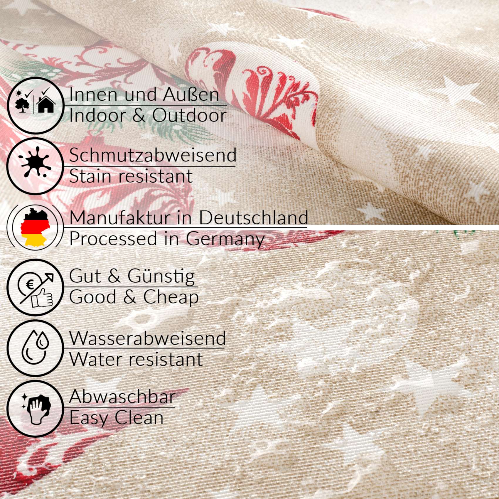 MRT68848_40-8 Weihnachtstischdecke Textil Tischdecke Tischwäsche abwaschbar Tischtuch Baumwolle Polyester Stern Kugel Rot Beige – 160x140cm, Schnittkante