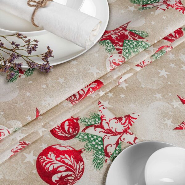 Weihnachtstischdecke Textil Tischdecke Tischwäsche abwaschbar Tischtuch Baumwolle Polyester Stern Kugel Rot Beige – 90x130cm, Schnittkante