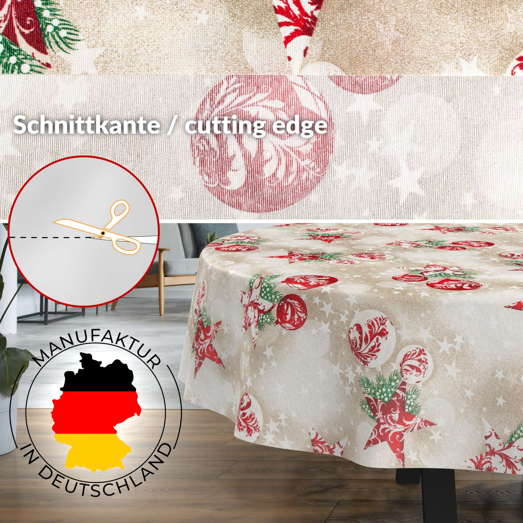 MRT68848_OV_30 Weihnachtstischdecke Textil Tischdecke Tischwäsche abwaschbar Tischtuch Baumwolle Polyester Stern Kugel Rot Beige – Oval 160x140cm, Schnittkante