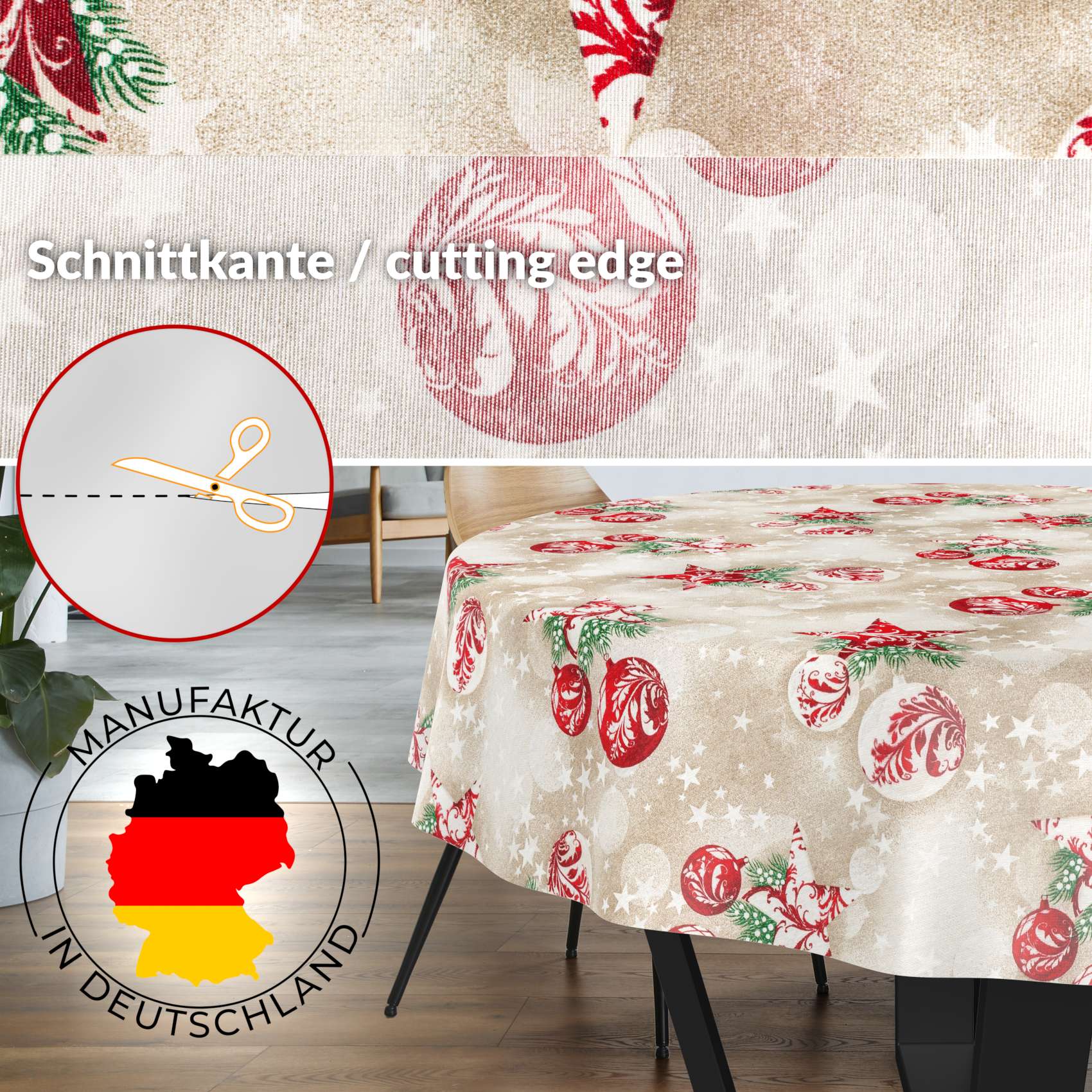 MRT68848_RU_30-3 Weihnachtstischdecke Textil Tischdecke Tischwäsche abwaschbar Tischtuch Baumwolle Polyester Stern Kugel Rot Beige – Rund 140cm, Schnittkante