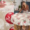 MRT68848_RU_50-1 Weihnachtstischdecke Textil Tischdecke Tischwäsche abwaschbar Tischtuch Baumwolle Polyester Stern Kugel Rot Beige – Rund 120cm, Schnittkante