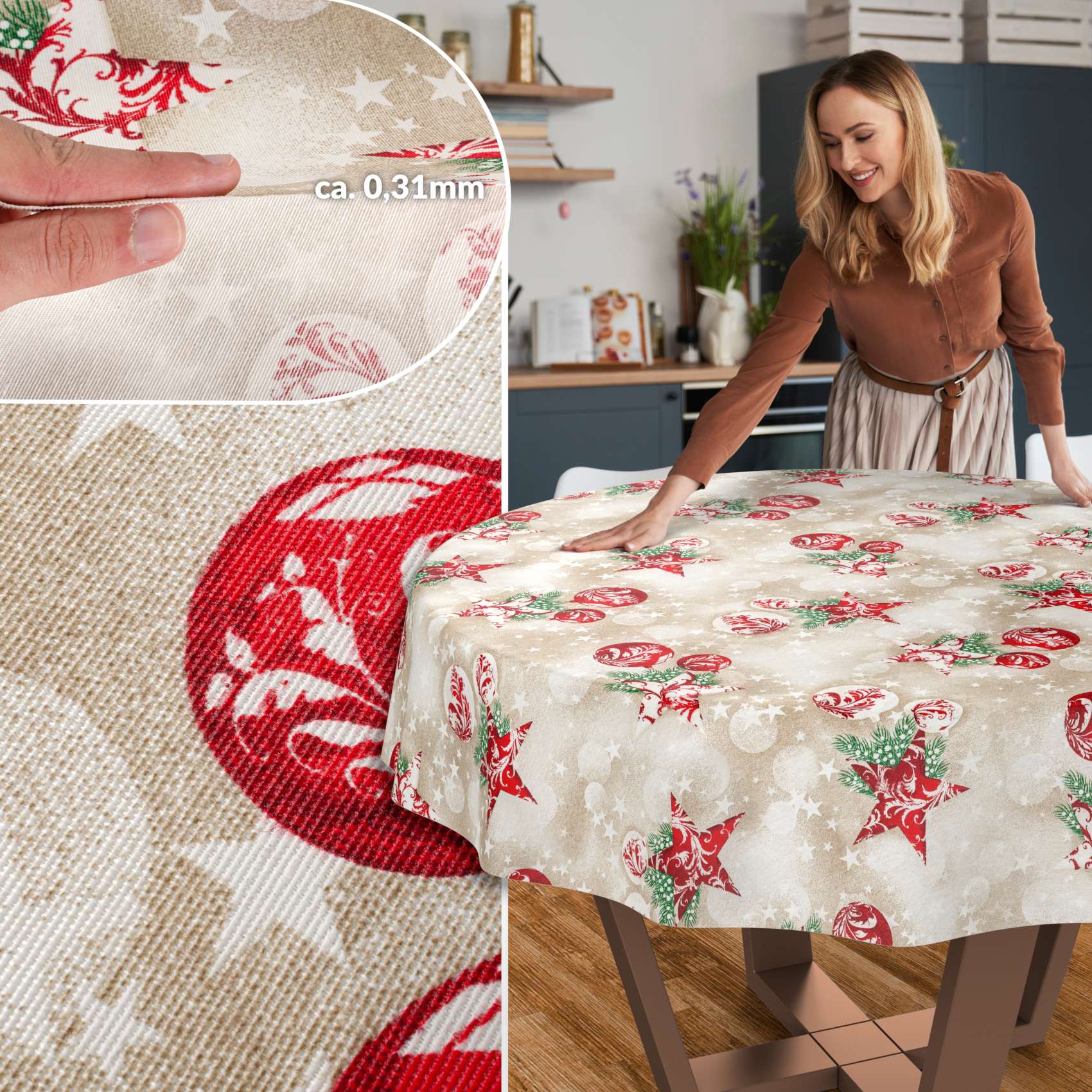 MRT68848_RU_50-1 Weihnachtstischdecke Textil Tischdecke Tischwäsche abwaschbar Tischtuch Baumwolle Polyester Stern Kugel Rot Beige – Rund 120cm, Schnittkante