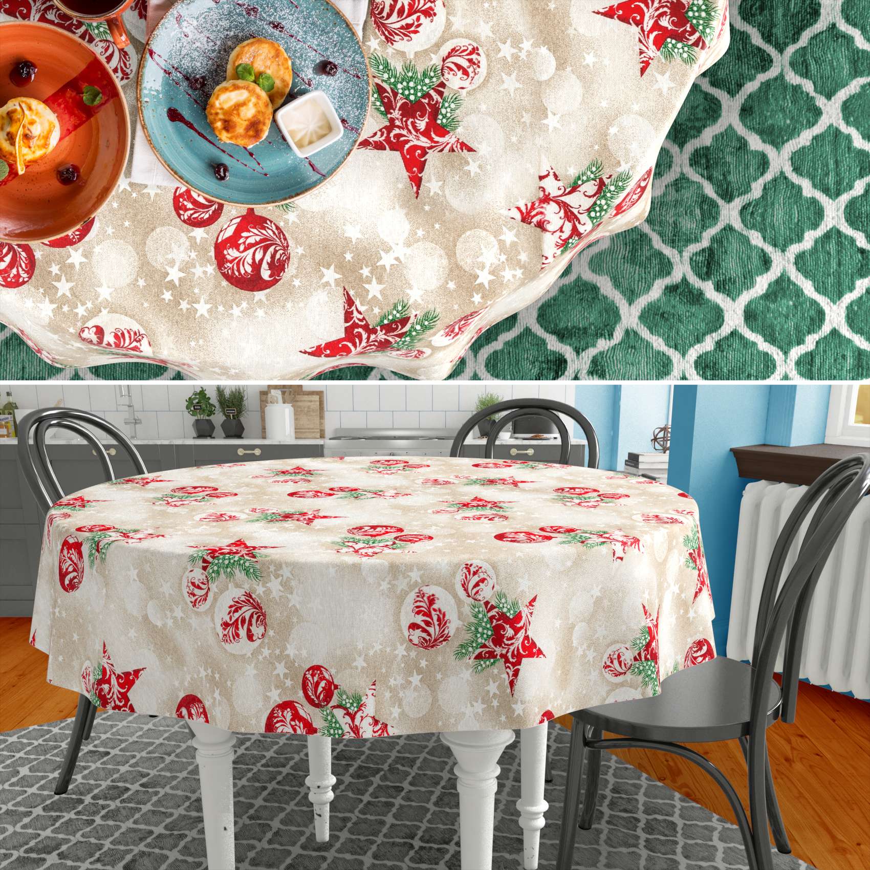 MRT68848_RU_70-2 Weihnachtstischdecke Textil Tischdecke Tischwäsche abwaschbar Tischtuch Baumwolle Polyester Stern Kugel Rot Beige – Rund 140cm, Schnittkante