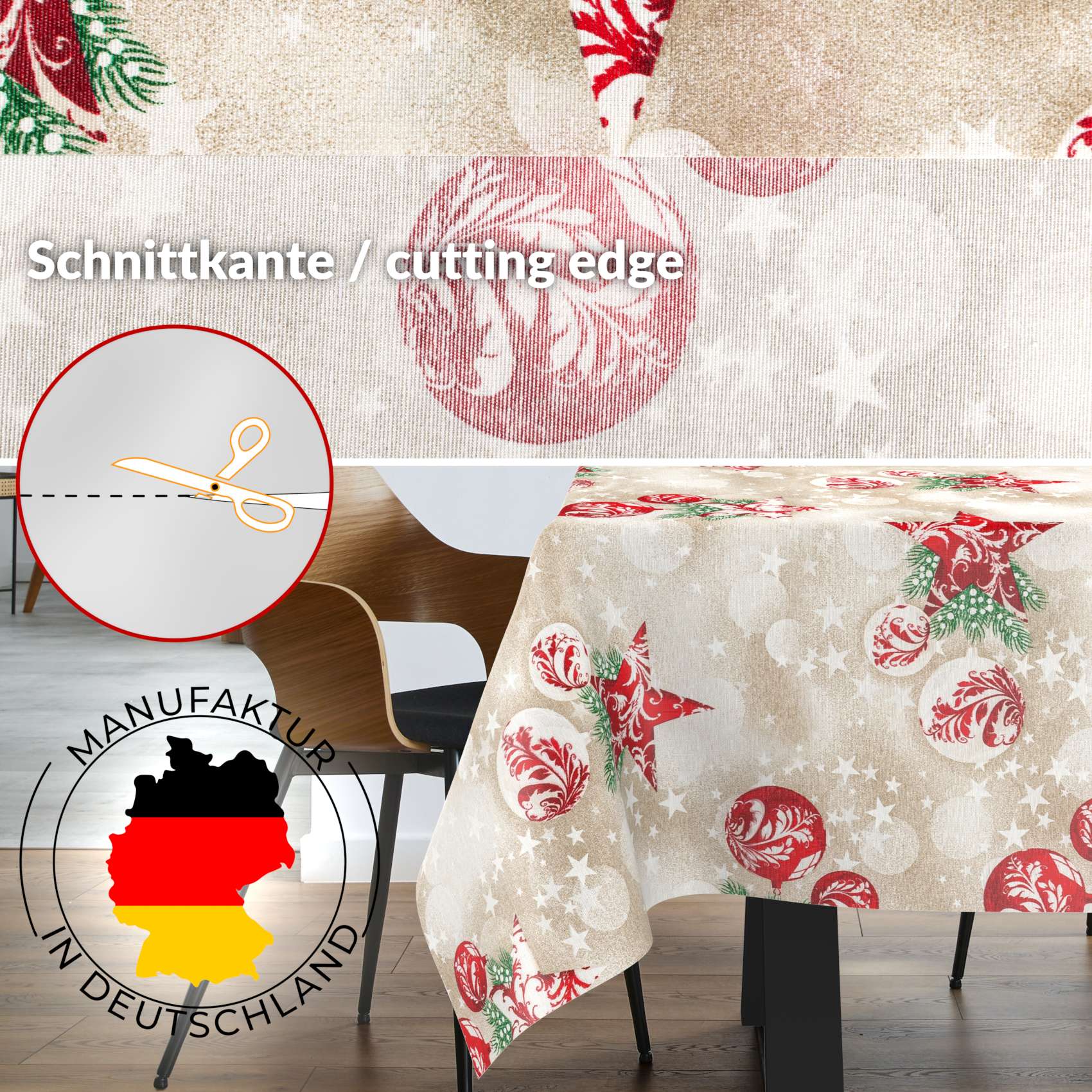 MRT68848_SQ_30-3 Weihnachtstischdecke Textil Tischdecke Tischwäsche abwaschbar Tischtuch Baumwolle Polyester Stern Kugel Rot Beige – 160x120cm, Schnittkante