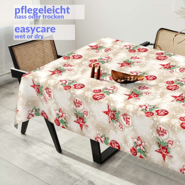 Weihnachtstischdecke Textil Tischdecke Tischwäsche abwaschbar Tischtuch Baumwolle Polyester Stern Kugel Rot Beige – 90x130cm, Schnittkante