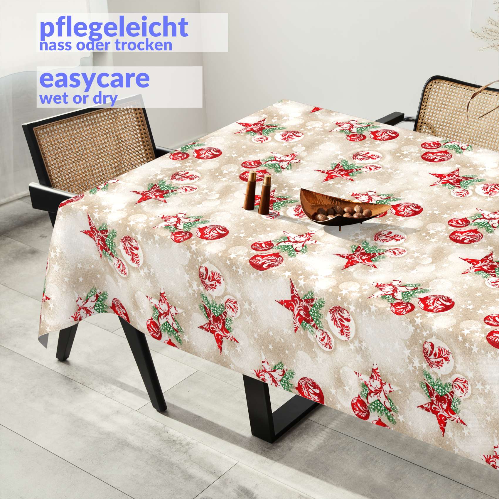 MRT68848_SQ_91-9 Weihnachtstischdecke Textil Tischdecke Tischwäsche abwaschbar Tischtuch Baumwolle Polyester Stern Kugel Rot Beige – 180x140cm, Schnittkante