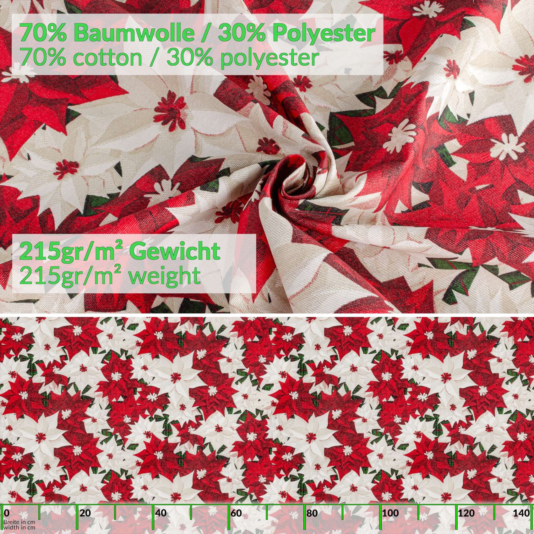 MRT68850_20-20 Weihnachtstischdecke Textil Tischdecke Tischwäsche abwaschbar Tischtuch Baumwolle Polyester Christmas Flower – Oval 200x140cm, Schnittkante