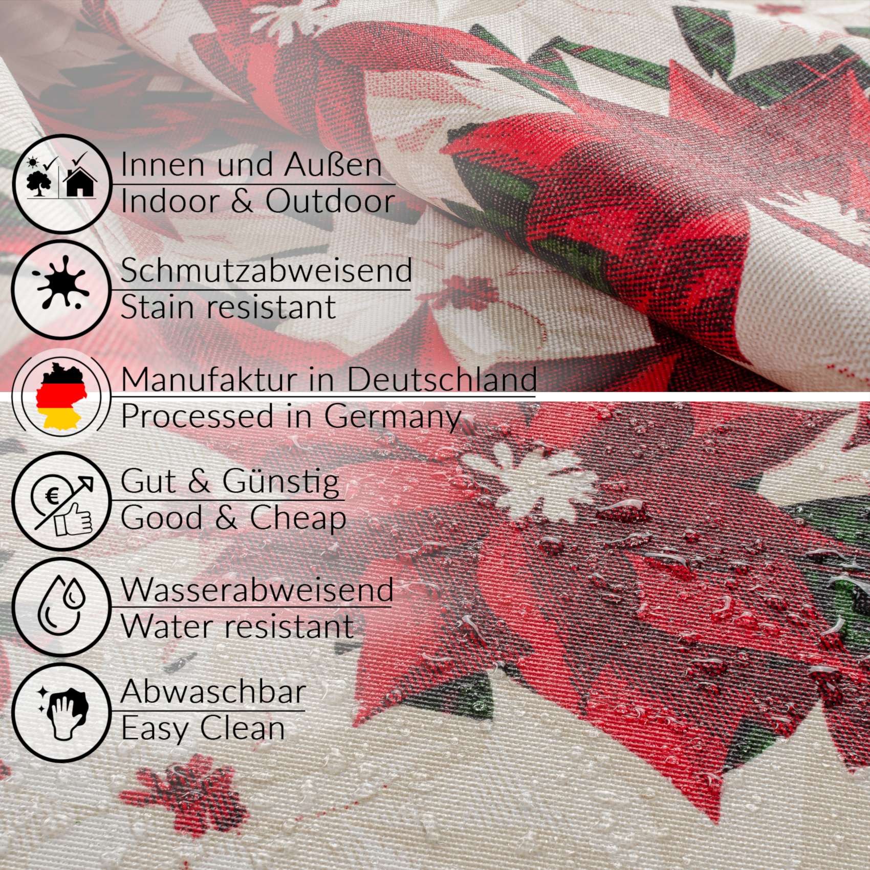 MRT68850_40-12 Weihnachtstischdecke Textil Tischdecke Tischwäsche abwaschbar Tischtuch Baumwolle Polyester Christmas Flower – 240x140cm, Schnittkante