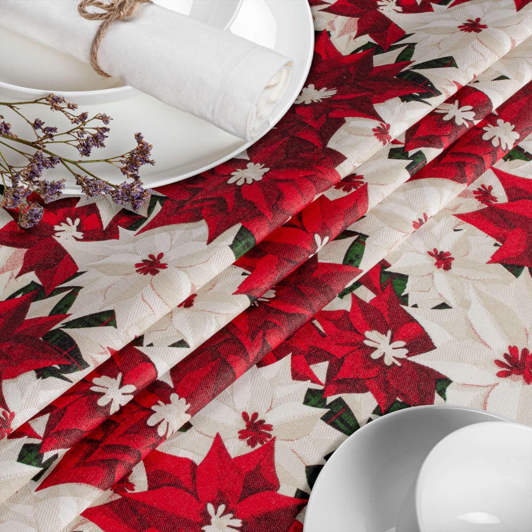 Weihnachtstischdecke Textil Tischdecke Tischwäsche abwaschbar Tischtuch Baumwolle Polyester Christmas Flower – 90x130cm, Schnittkante