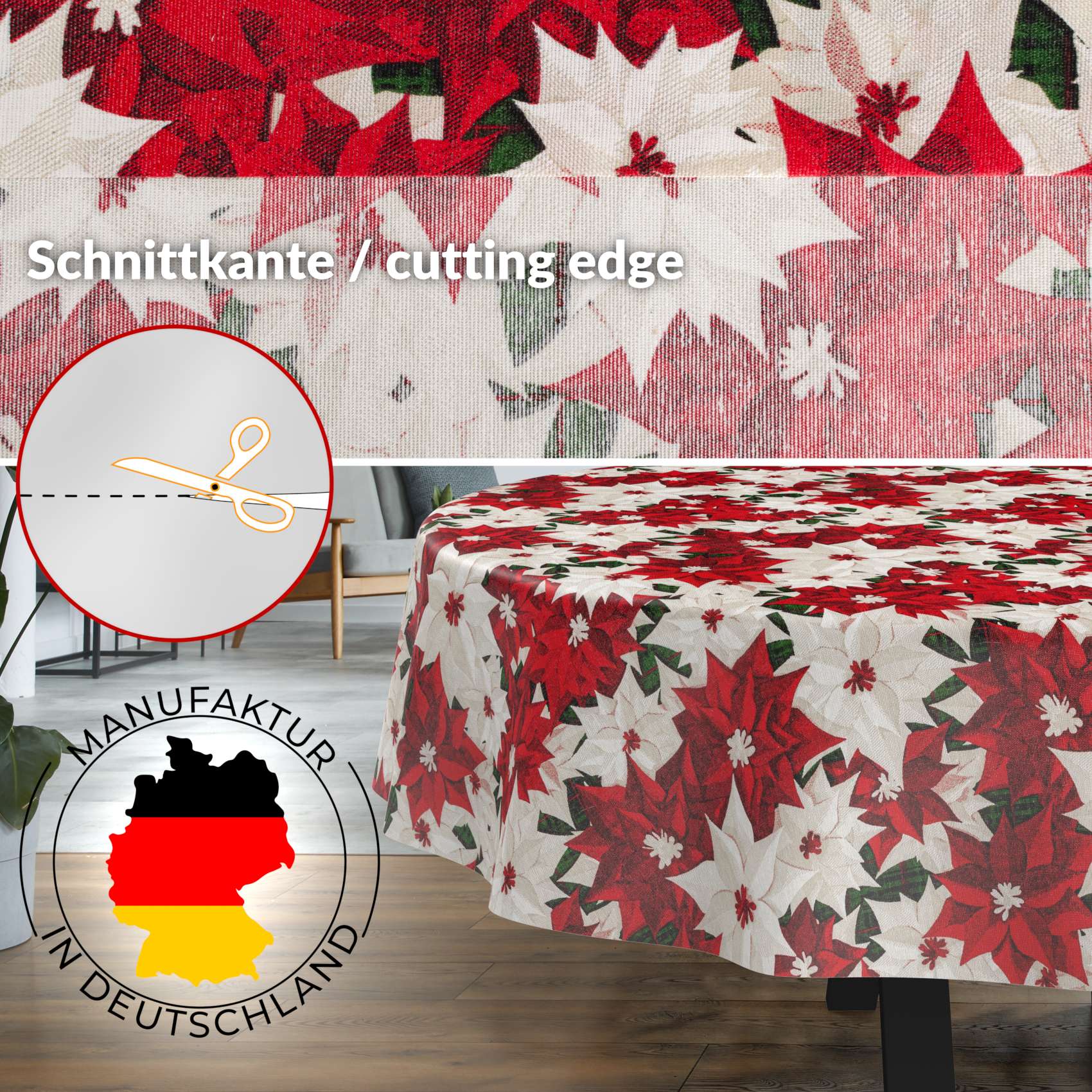 Weihnachtstischdecke Textil Tischdecke Tischwäsche abwaschbar Tischtuch Baumwolle Polyester Christmas Flower – Oval 240x140cm, Schnittkante
