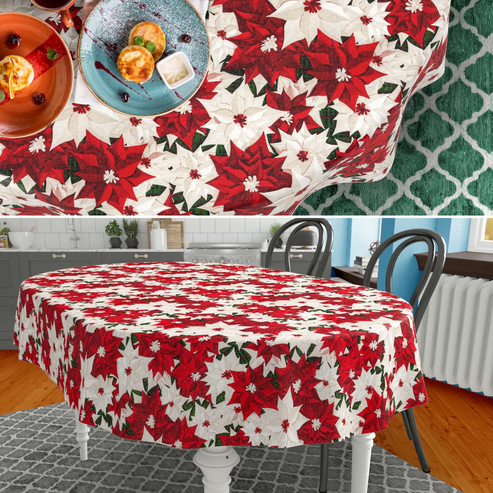 MRT68850_OV_70-6 Weihnachtstischdecke Textil Tischdecke Tischwäsche abwaschbar Tischtuch Baumwolle Polyester Christmas Flower – Oval 280x140cm, Schnittkante