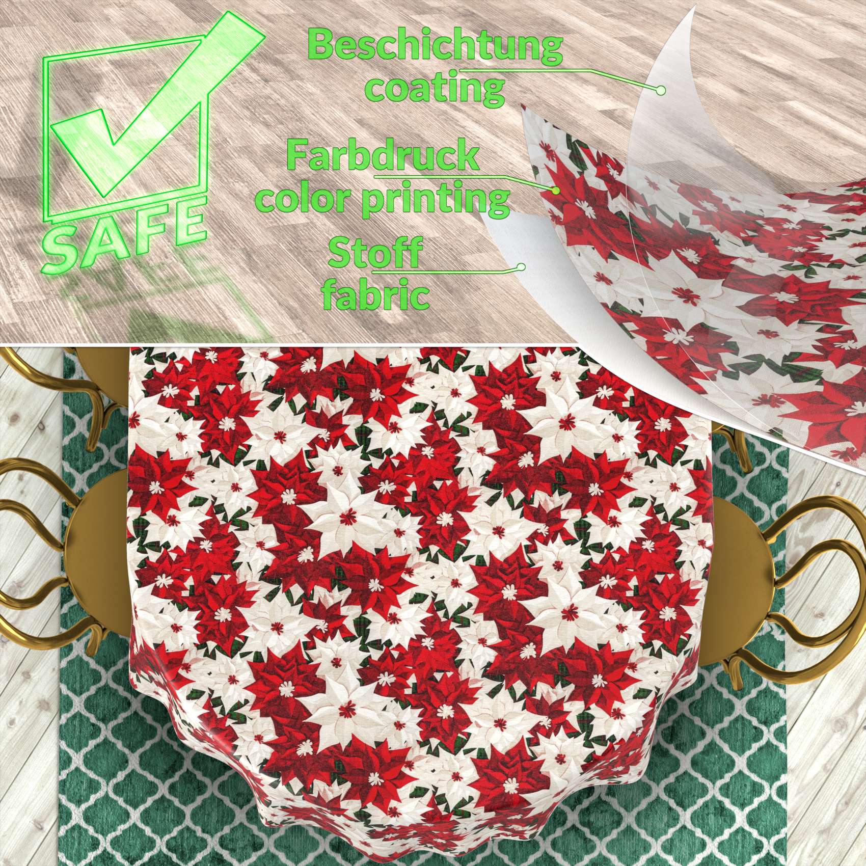 MRT68850_OV_80-7 Weihnachtstischdecke Textil Tischdecke Tischwäsche abwaschbar Tischtuch Baumwolle Polyester Christmas Flower – Oval 280x140cm, Schnittkante