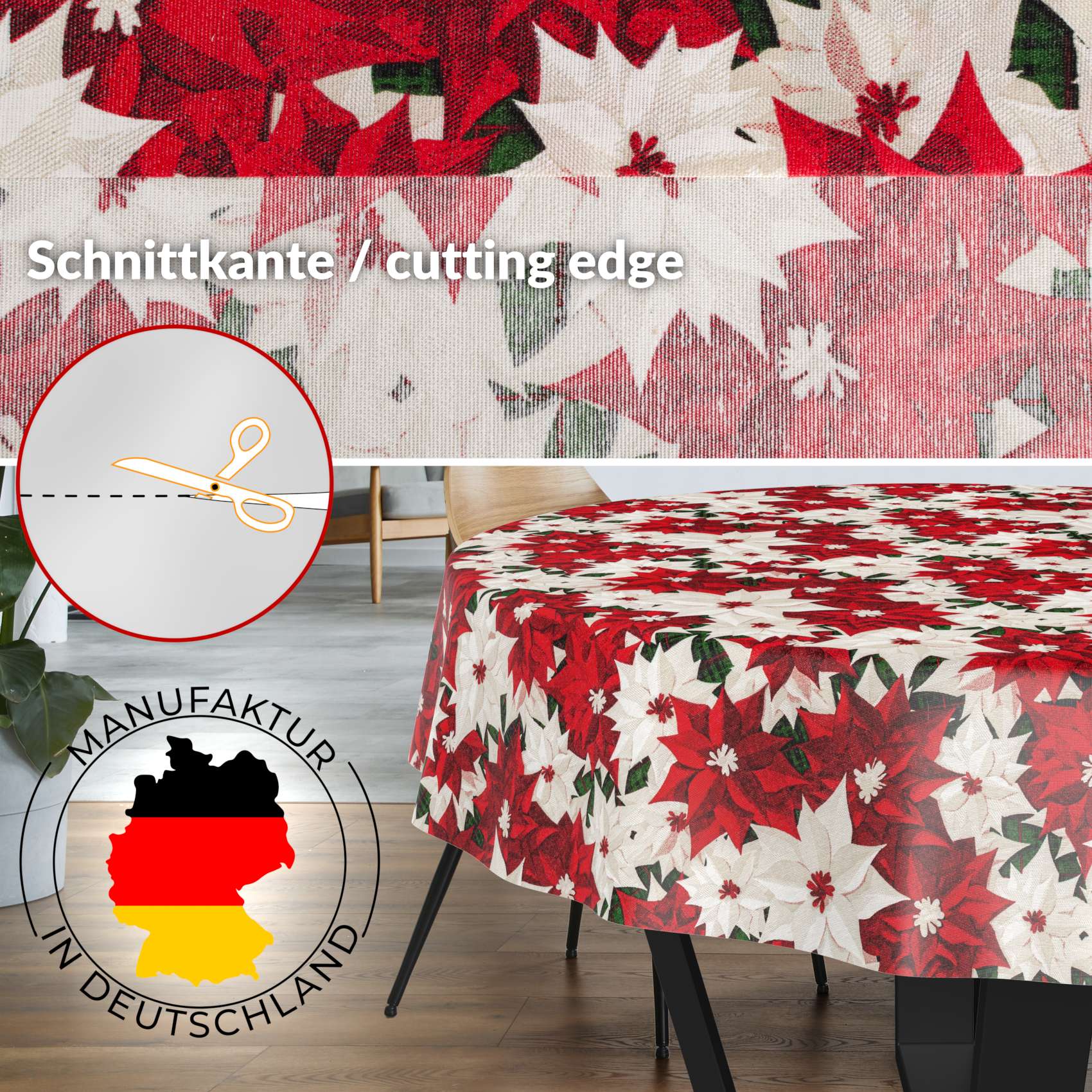 MRT68850_RU_30 Weihnachtstischdecke Textil Tischdecke Tischwäsche abwaschbar Tischtuch Baumwolle Polyester Christmas Flower – Rund 100cm, Schnittkante