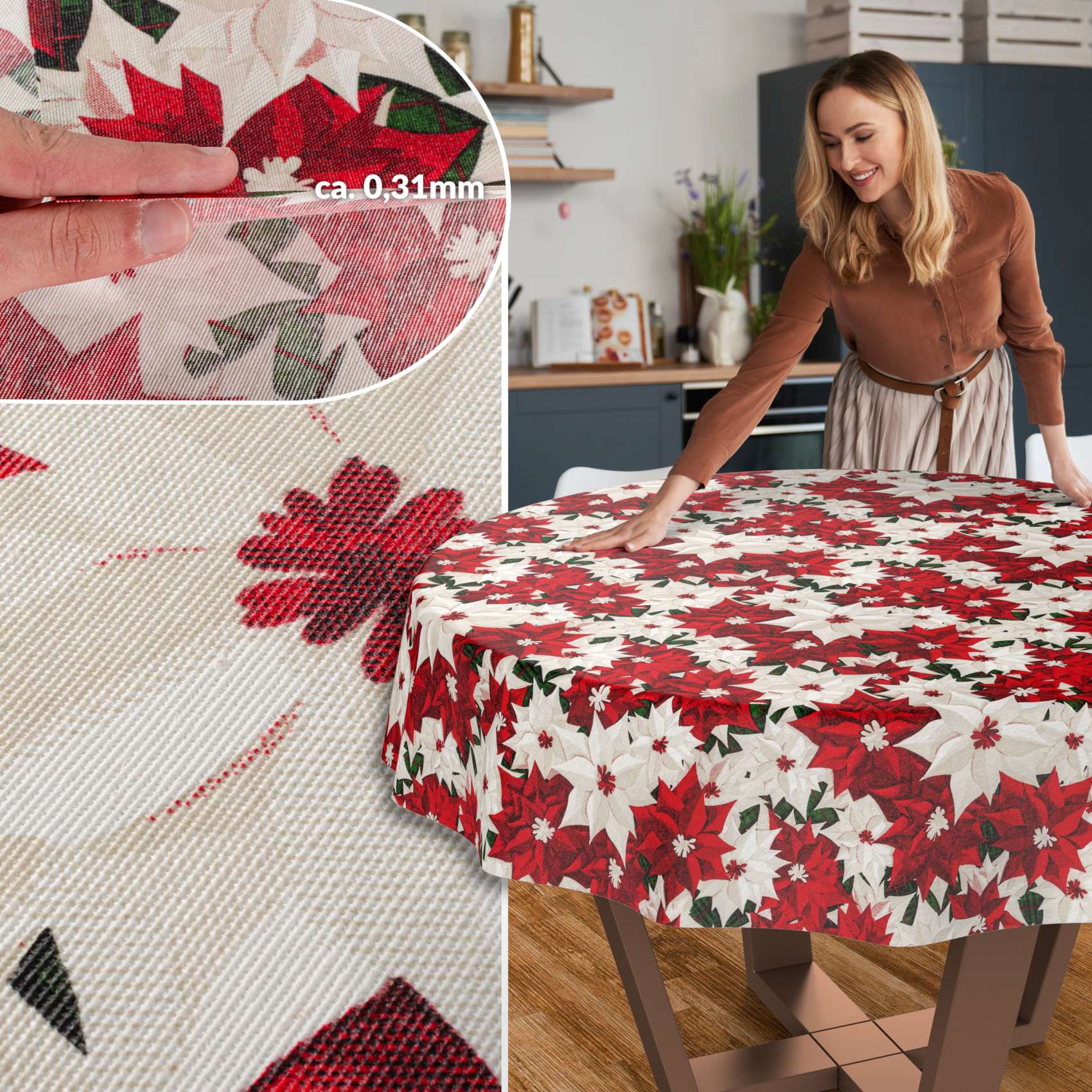 MRT68850_RU_50 Weihnachtstischdecke Textil Tischdecke Tischwäsche abwaschbar Tischtuch Baumwolle Polyester Christmas Flower – Rund 100cm, Schnittkante