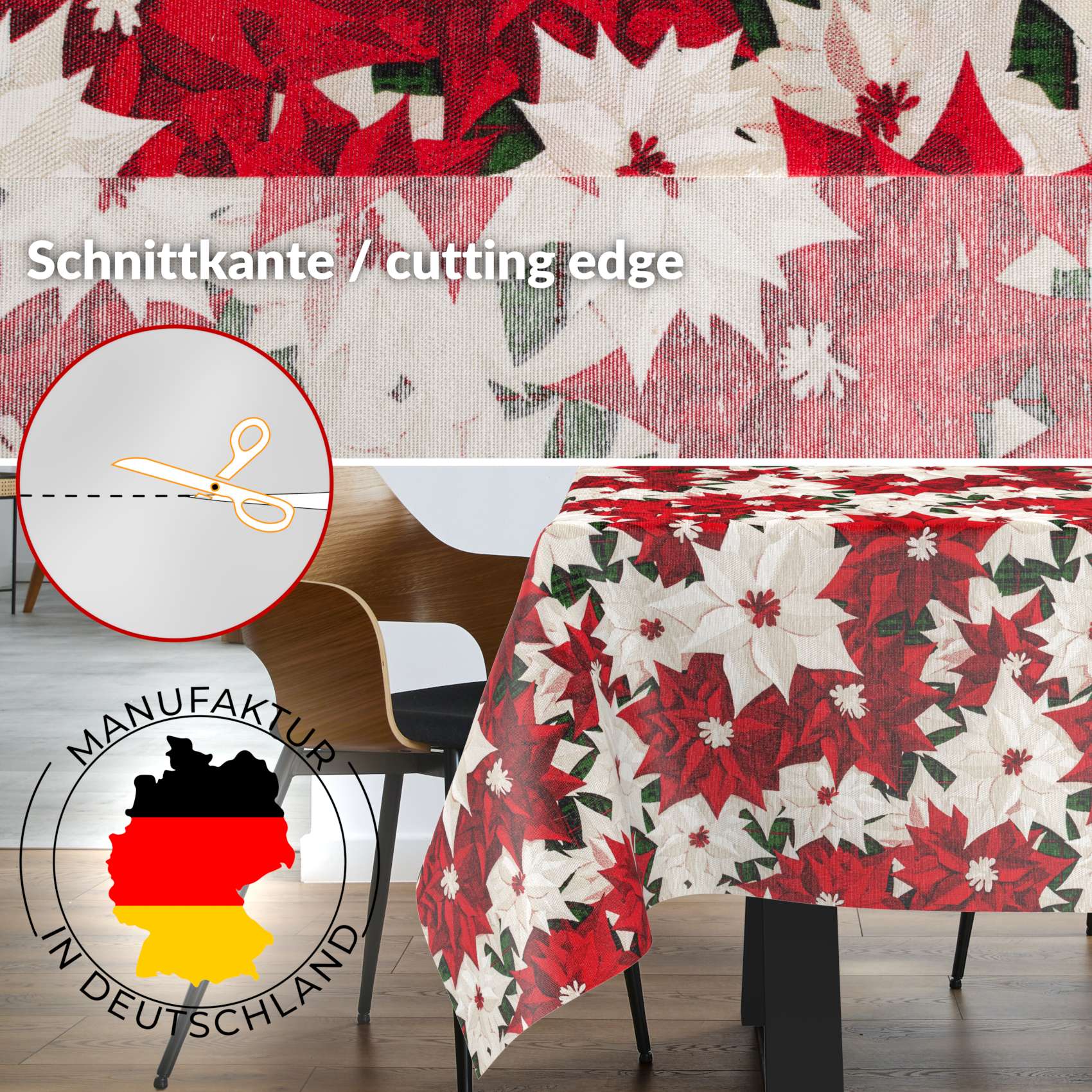 MRT68850_SQ_30-20 Weihnachtstischdecke Textil Tischdecke Tischwäsche abwaschbar Tischtuch Baumwolle Polyester Christmas Flower – 2000x140cm (20m), Schnittkante