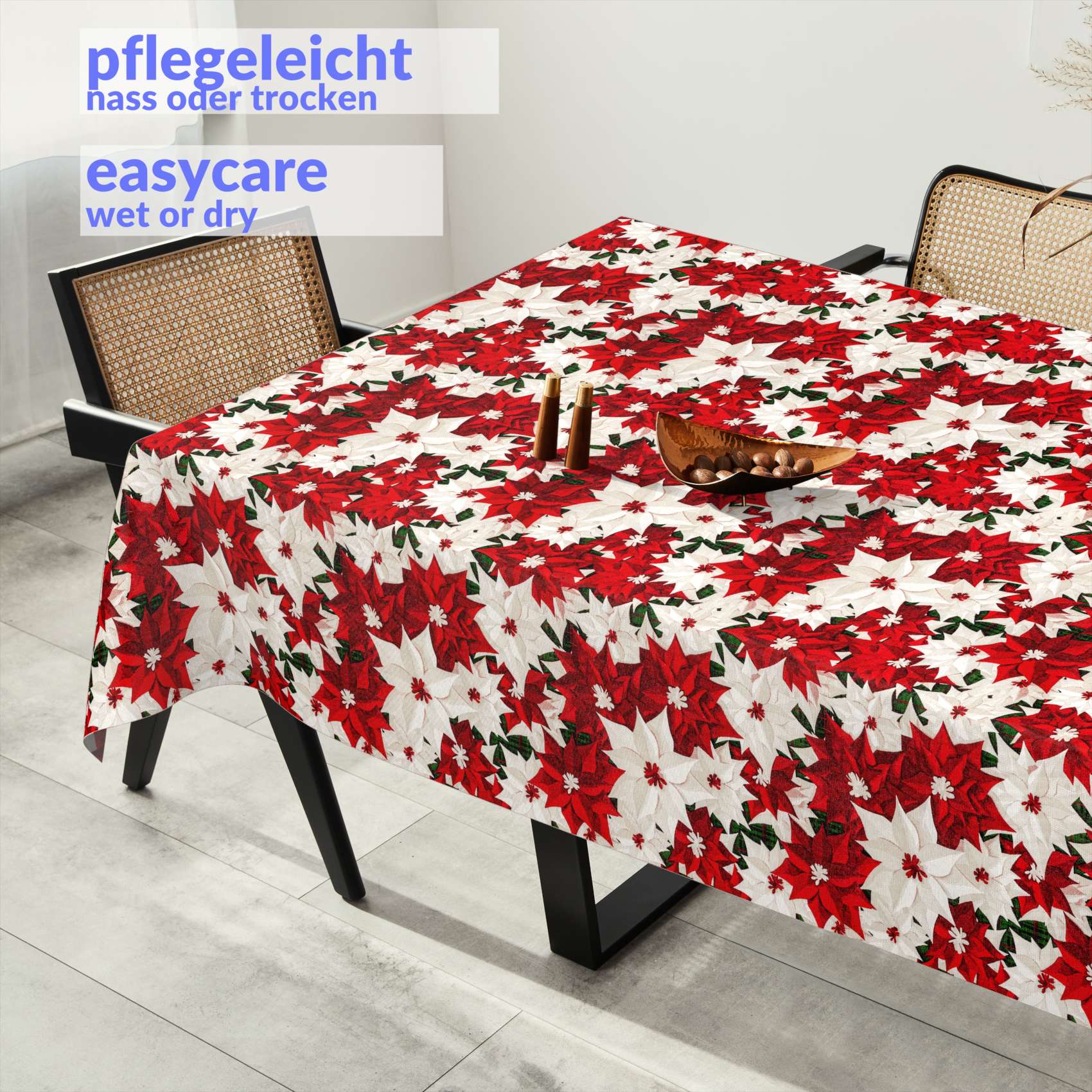 MRT68850_SQ_91-1 Weihnachtstischdecke Textil Tischdecke Tischwäsche abwaschbar Tischtuch Baumwolle Polyester Christmas Flower – 160x100cm, Schnittkante
