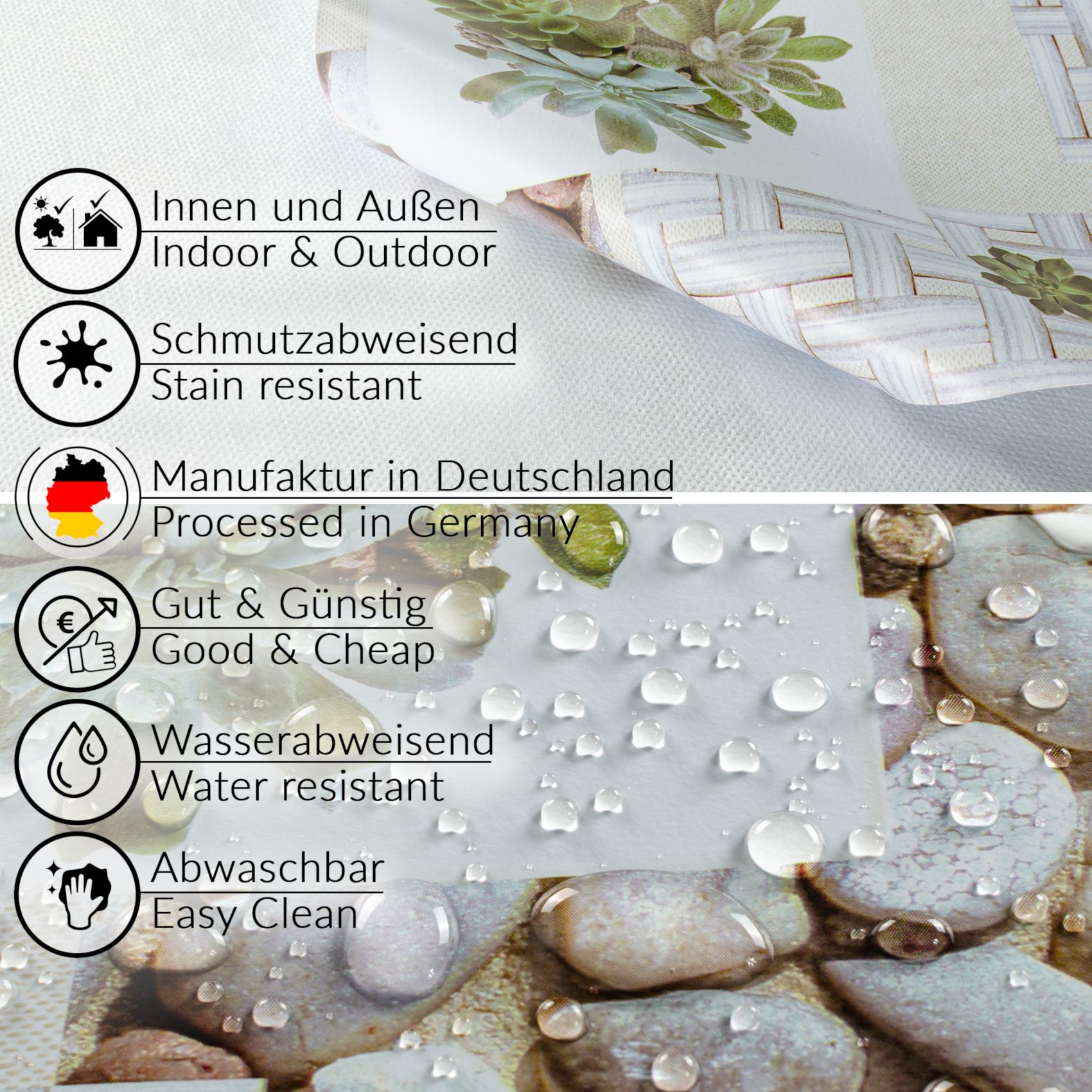 BRMI5151_40-39 Wachstuchtischdecke Wachstuch Tischdecke abwaschbar rechteck, rund, oval hochwertige Bedruckung Gartentischdecke MIMOSA Steine Spa Breite 140cm – 100x140cm, Schnittkante