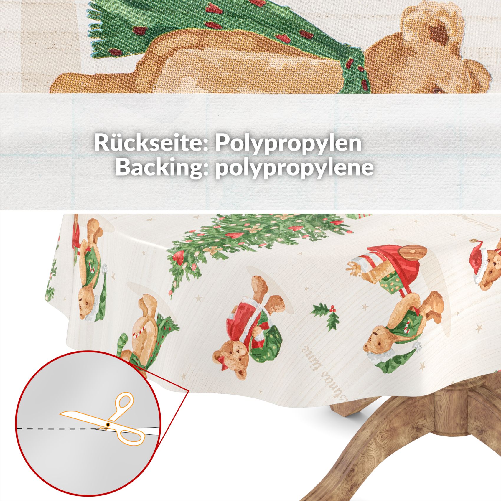 C001531C_32-1 Weihnachtstischdecke Wachstuch Weihnachten Tischdecke abwaschbar Teddybär Tannenbaum – 350x140cm, Schnittkante