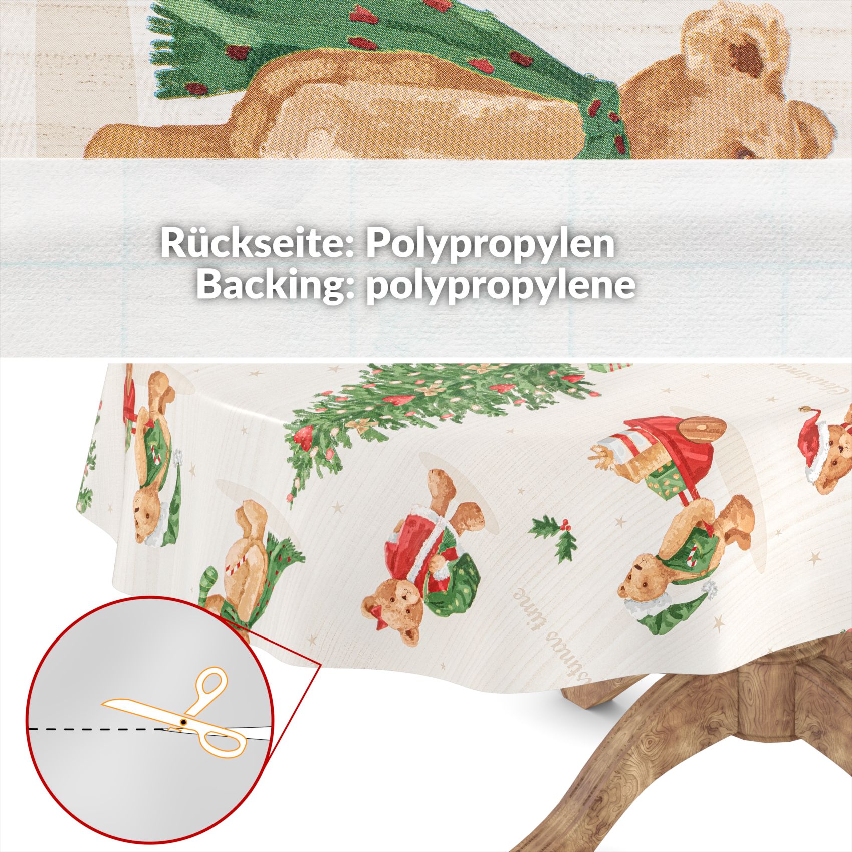 C001531C_34-2 Weihnachtstischdecke Wachstuch Weihnachten Tischdecke abwaschbar Teddybär Tannenbaum – 180x100cm, Schnittkante