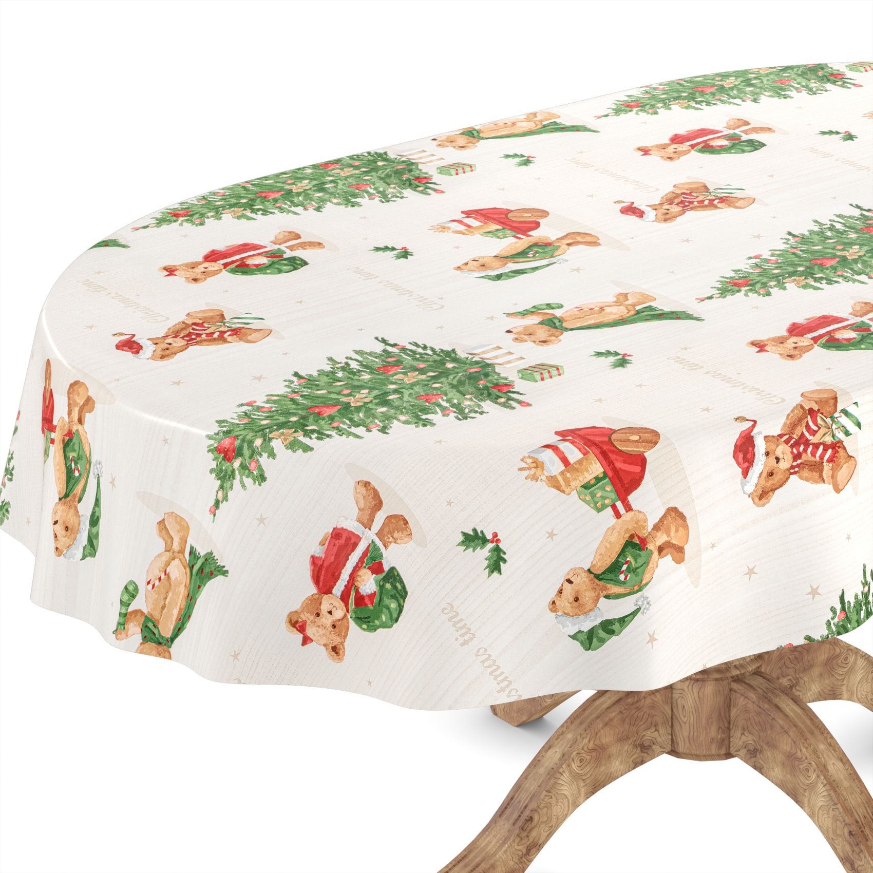 C001531C_50C-2 Weihnachtstischdecke Wachstuch Weihnachten Tischdecke abwaschbar Teddybär Tannenbaum – Rund 140cm, Schnittkante