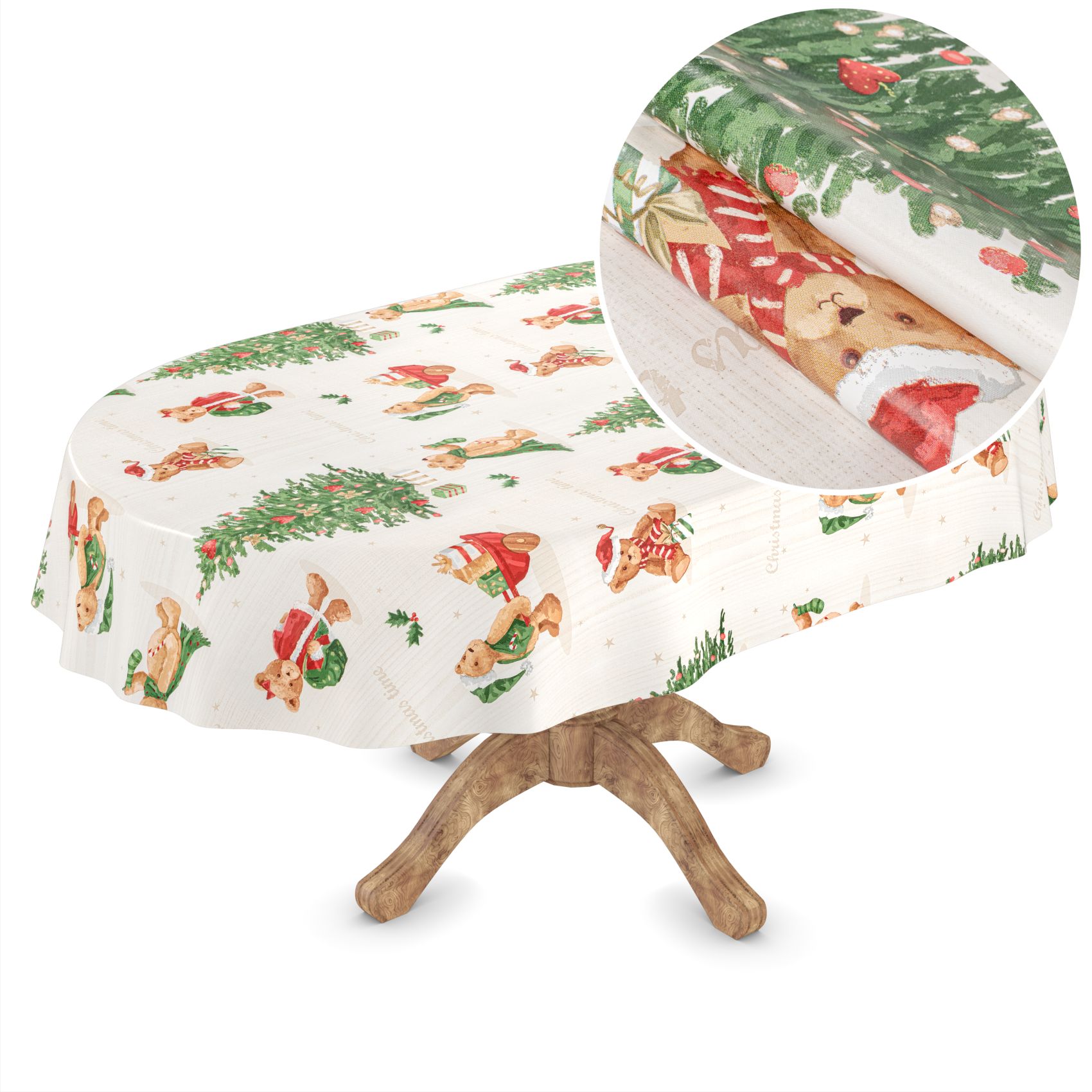 C001531C_51-4 Weihnachtstischdecke Wachstuch Weihnachten Tischdecke abwaschbar Teddybär Tannenbaum – Oval 240x140cm, Schnittkante