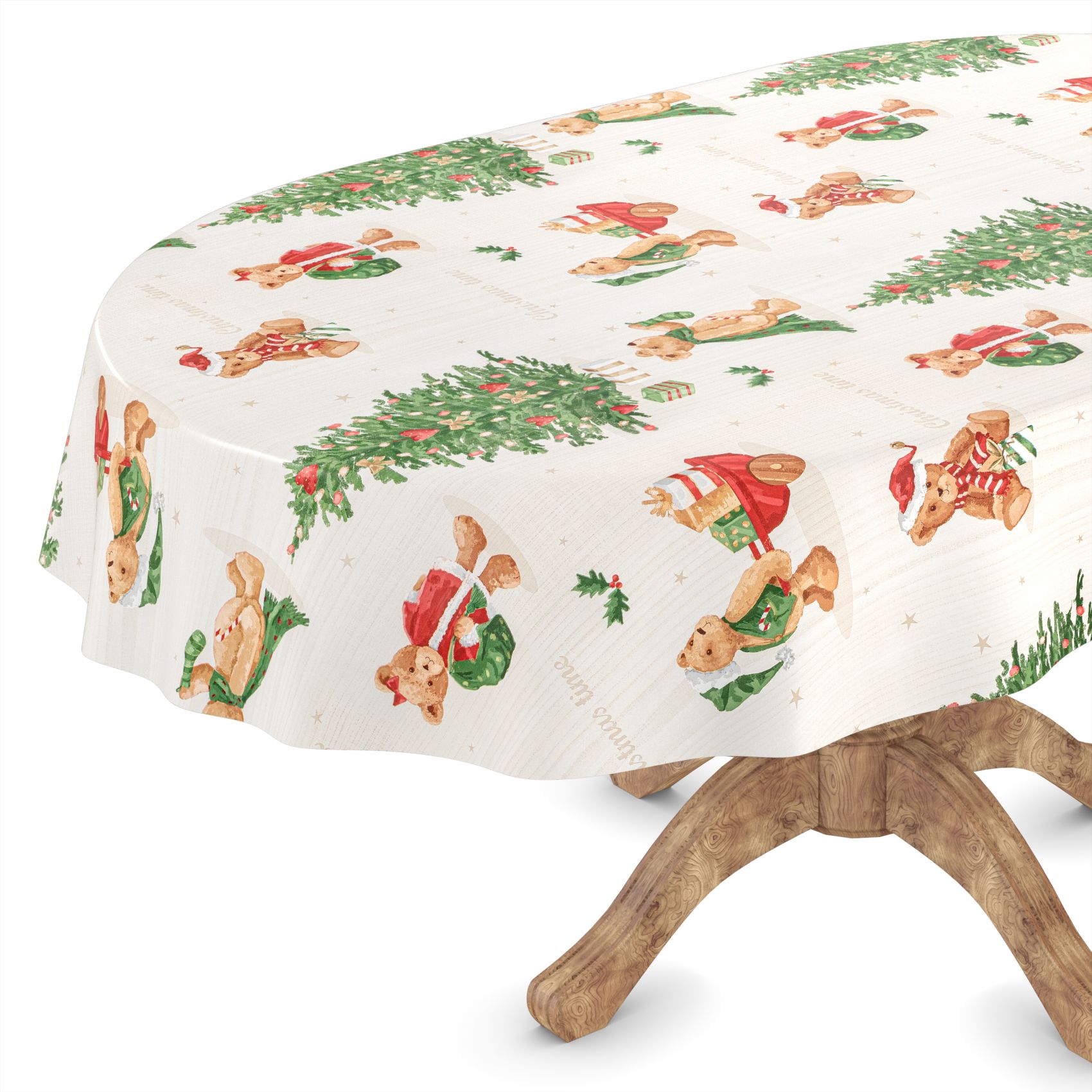 C001531C_52-8 Weihnachtstischdecke Wachstuch Weihnachten Tischdecke abwaschbar Teddybär Tannenbaum – 160x140cm, Schnittkante
