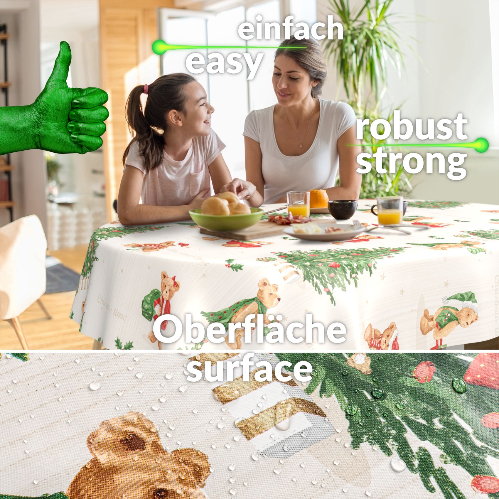 C001531C_90SQF-20 Weihnachtstischdecke Wachstuch Weihnachten Tischdecke abwaschbar Teddybär Tannenbaum – Oval 200x140cm, Schnittkante