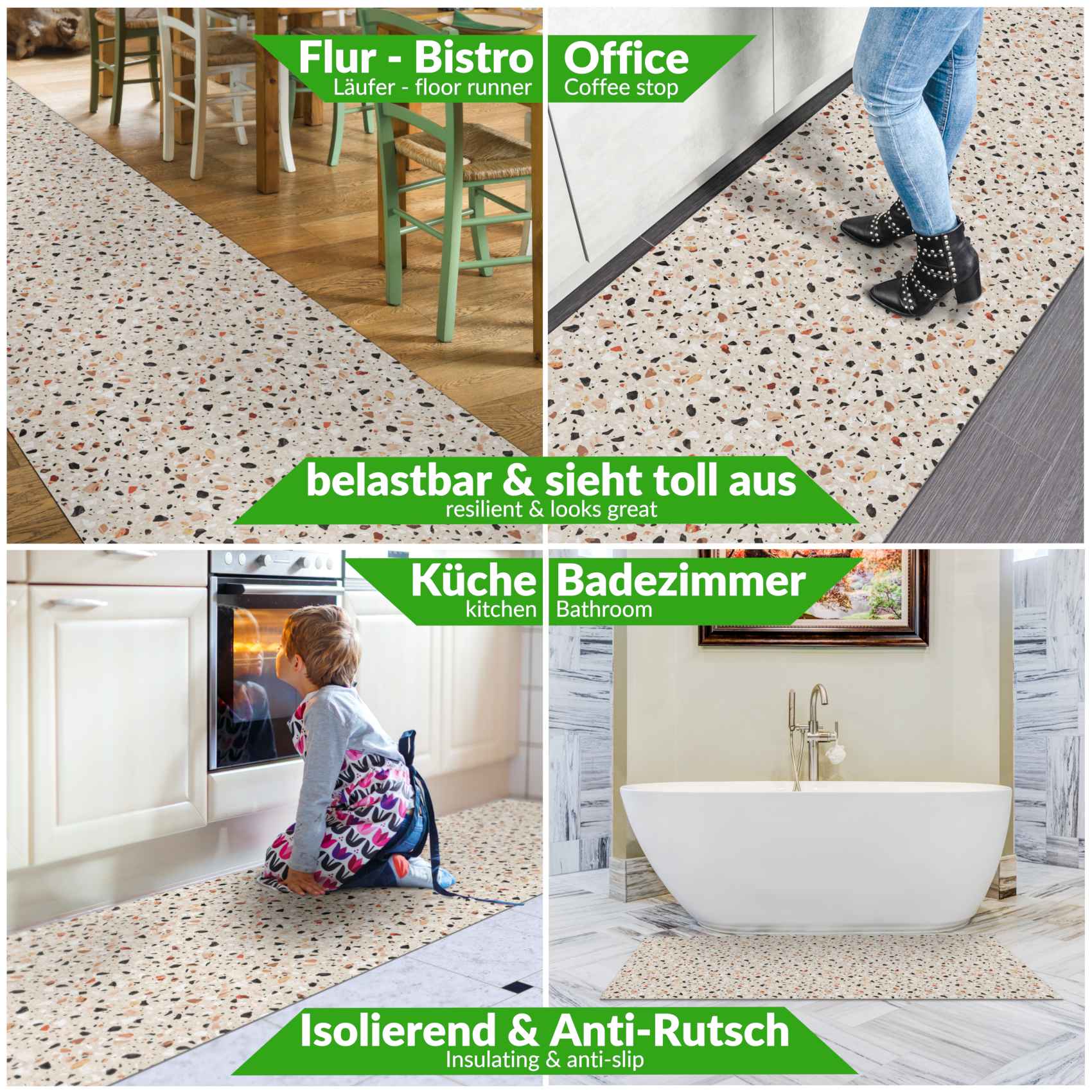 Küchenläufer Küchenteppich waschbar Läufer Küche Teppich Läufer Flur rutschfest Meterware Granitoptik – 100x65cm