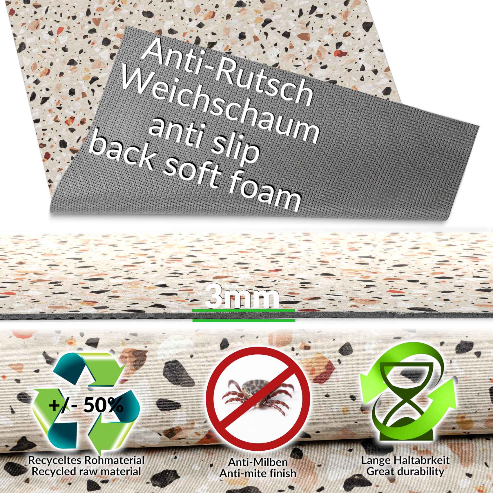 Küchenläufer Küchenteppich waschbar Läufer Küche Teppich Läufer Flur rutschfest Meterware Granitoptik – 100x65cm