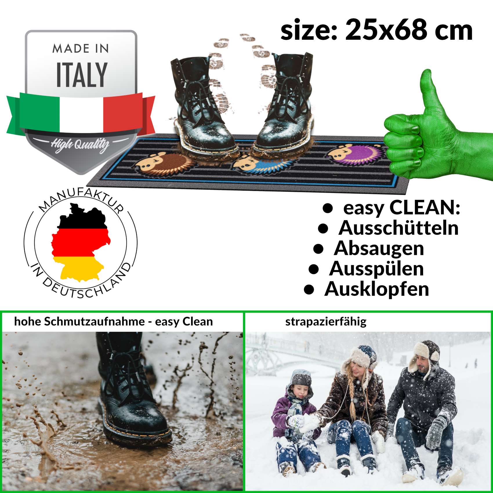 EF21534_30 Fußmatte Schmutzfangmatte Gummi Fußabtreter Sauberlaufmatte für außen & innen 25x68cm, 40x68cm – Igel 25x68cm