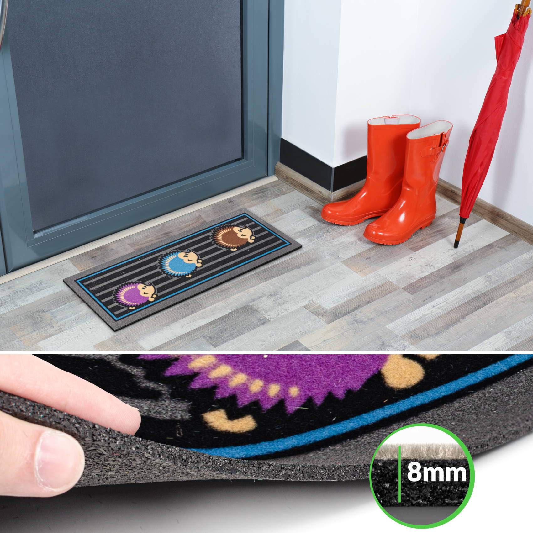 EF21534_40 Fußmatte Schmutzfangmatte Gummi Fußabtreter Sauberlaufmatte für außen & innen 25x68cm, 40x68cm – Igel 25x68cm