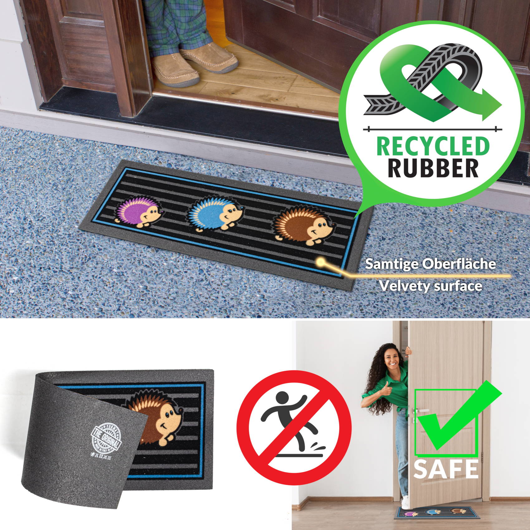EF21534_60 Fußmatte Schmutzfangmatte Gummi Fußabtreter Sauberlaufmatte für außen & innen 25x68cm, 40x68cm – Igel 25x68cm