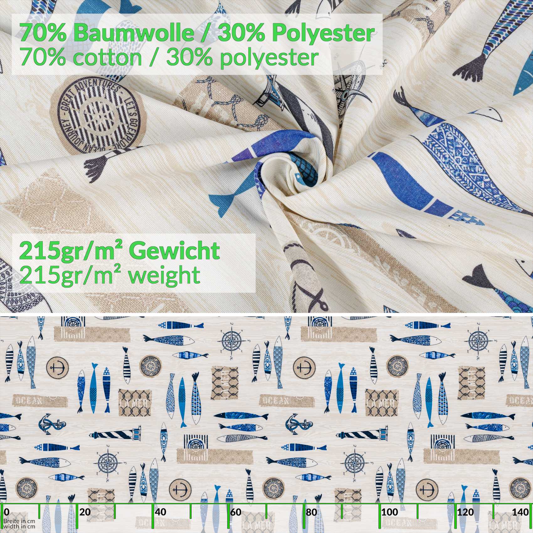 GTGANNA-02_20-2 Stoff Tischdecke abwaschbar Tischwäsche Textil Tischtuch Baumwolle Polyester Maritim Outdoor Tischdecke Gartentischdecke – 100x140cm, Schnittkante