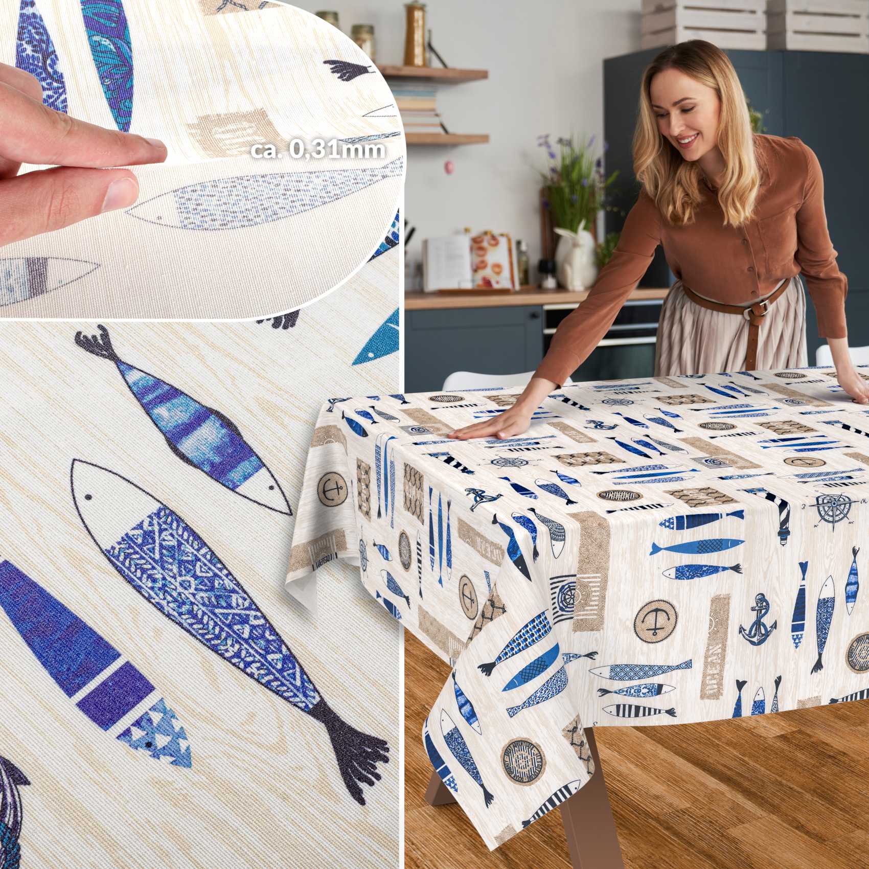 GTGANNA-02_SQ_50-1 Stoff Tischdecke abwaschbar Tischwäsche Textil Tischtuch Baumwolle Polyester Maritim Outdoor Tischdecke Gartentischdecke – 100x140cm, Schnittkante