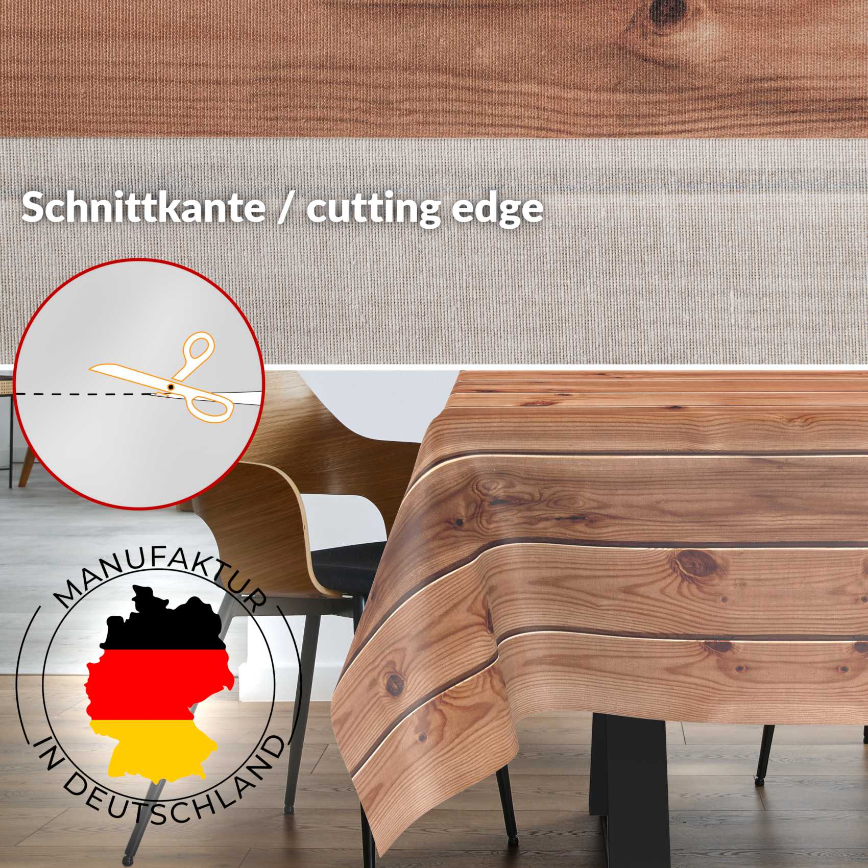 GTGANNA-15_SQ_30 Stoff Tischdecke abwaschbar Tischwäsche Textil Tischtuch Baumwolle Polyester Holzoptik Outdoor Tischdecke Gartentischdecke – 90x130cm, Schnittkante