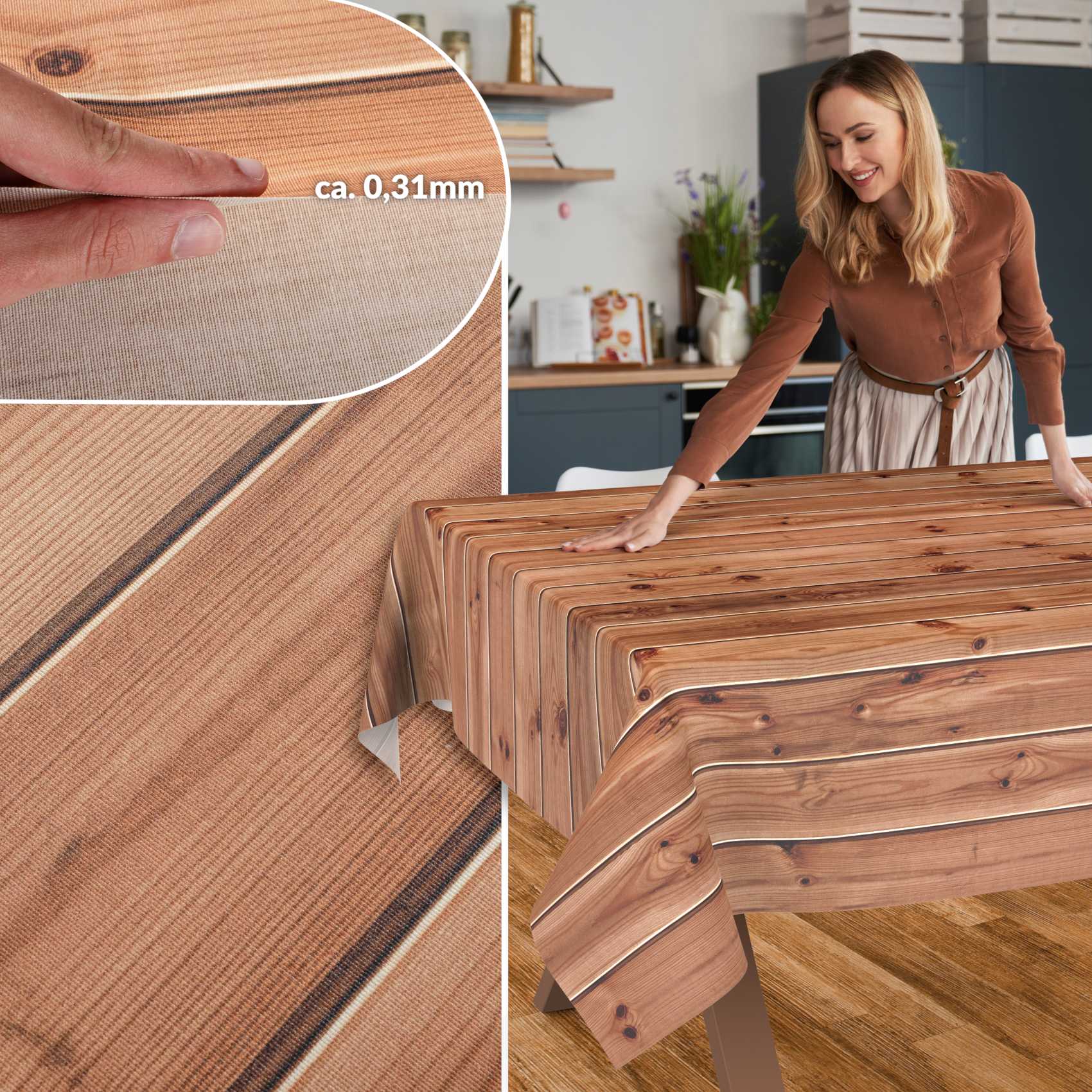 GTGANNA-15_SQ_50 Stoff Tischdecke abwaschbar Tischwäsche Textil Tischtuch Baumwolle Polyester Holzoptik Outdoor Tischdecke Gartentischdecke – 90x130cm, Schnittkante