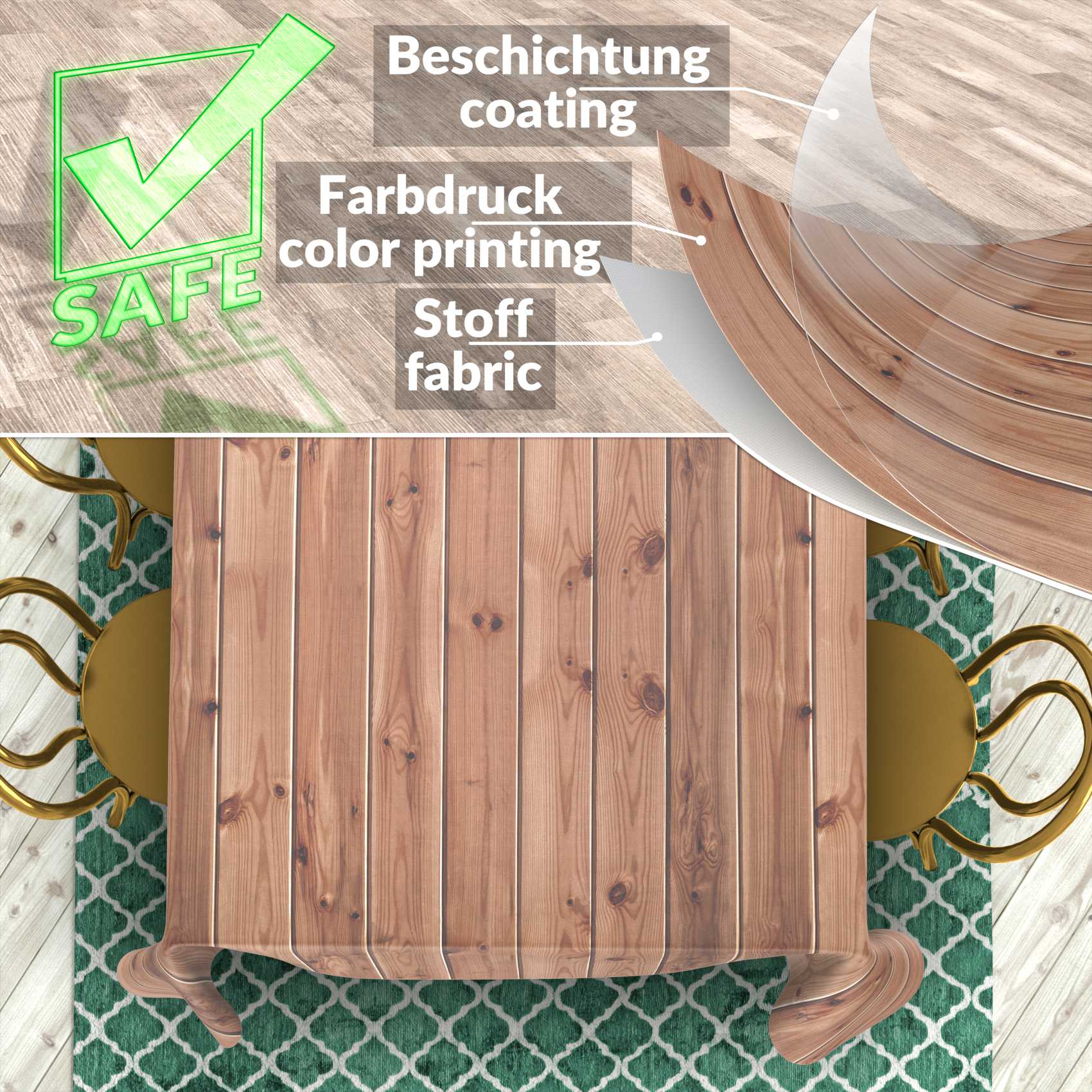 GTGANNA-15_SQ_80 Stoff Tischdecke abwaschbar Tischwäsche Textil Tischtuch Baumwolle Polyester Holzoptik Outdoor Tischdecke Gartentischdecke – 90x130cm, Schnittkante