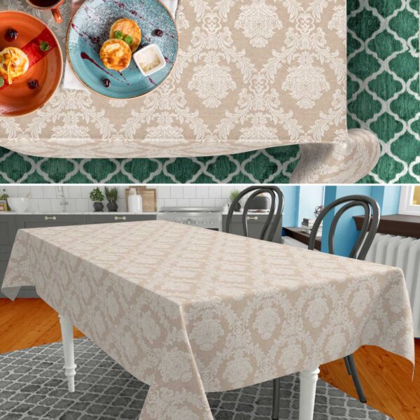 Stoff Tischdecke Tischwäsche Textil Tischtuch Baumwolle Polyester Jacquard Ornamente Meterware Premium Barock Beige Outdoor Tischdecke Gartentischdecke – 90x130cm, Schnittkante