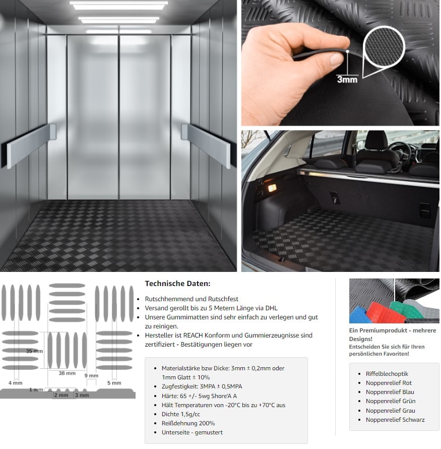 TPE Gummimatte Riffelblechoptik Schwarz 3mm