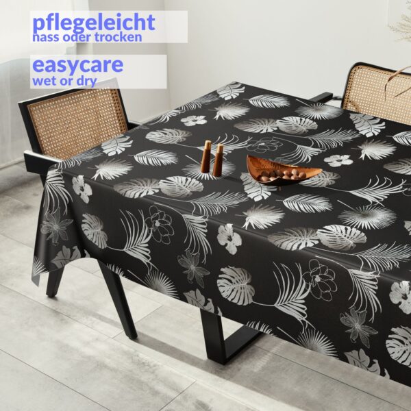 Wachstuchtischdecke abwaschbar Premium Leinenprägung Gartentischdecke Palmenblätter Silber Schwarz Breite 140cm – 100x140cm, Schnittkante