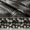 Wachstuchtischdecke abwaschbar Premium Leinenprägung Gartentischdecke Palmenblätter Silber Schwarz Breite 140cm – 100x140cm, Schnittkante