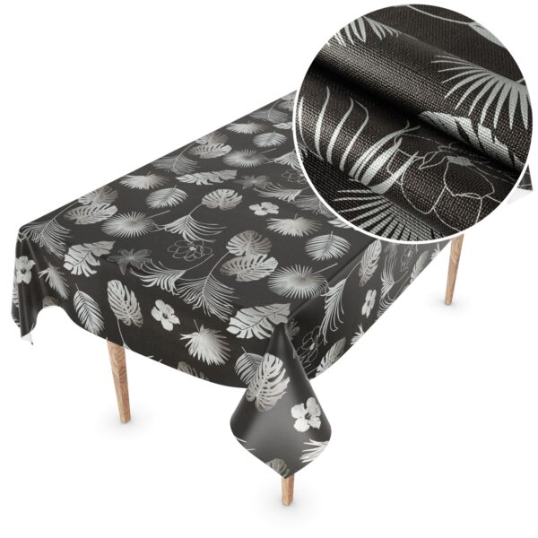 Wachstuchtischdecke abwaschbar Premium Leinenprägung Gartentischdecke Palmenblätter Silber Schwarz Breite 140cm – 100x140cm, Schnittkante