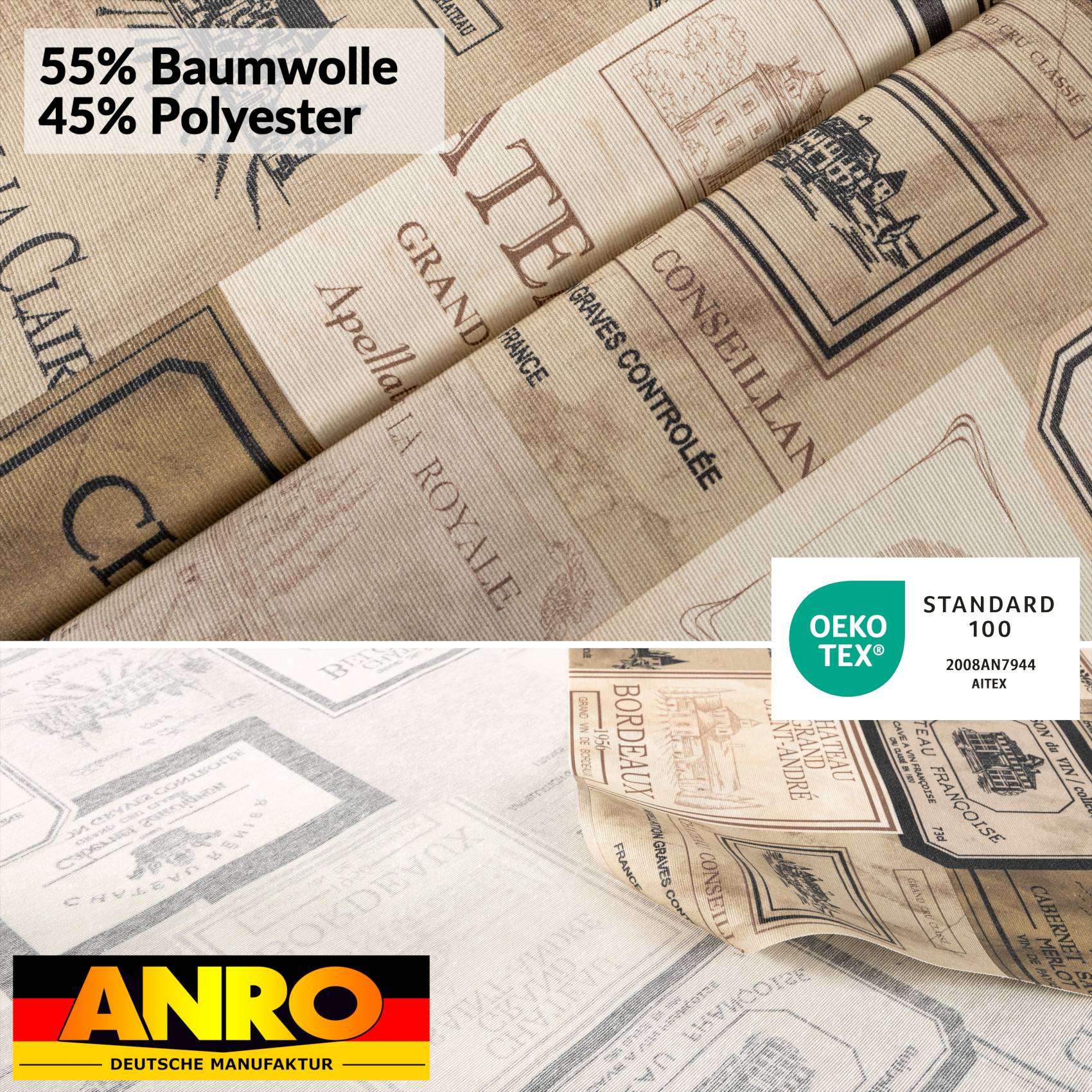 VIL1111_20 Tischdecke abwaschbar Stofftischdecke Gartentischdecke Textil Tischtuch Tafeldecke Meterware Wein