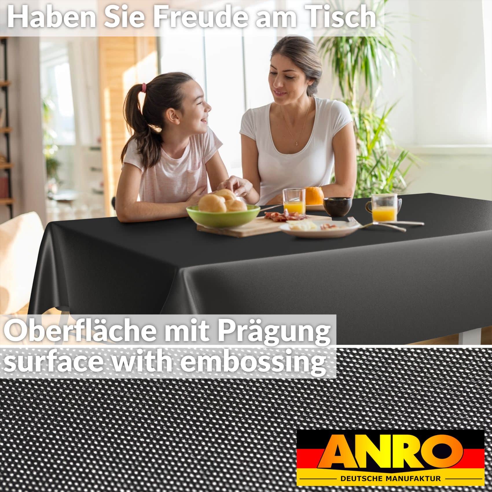 ERSCHW_90SQF Wachstuch Tischdecke abwaschbar Meterware Wachstuchtischdecke Gartentischdecke 140cm Uni Schwarz – 100x140cm, Schnittkante